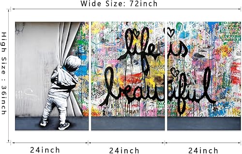 Miniatura 5 de Juego de arte de pared de graffiti grande, diseño moderno de Life is Beautiful carteles e impresiones adecuados para sala de estar, dormitorio,
