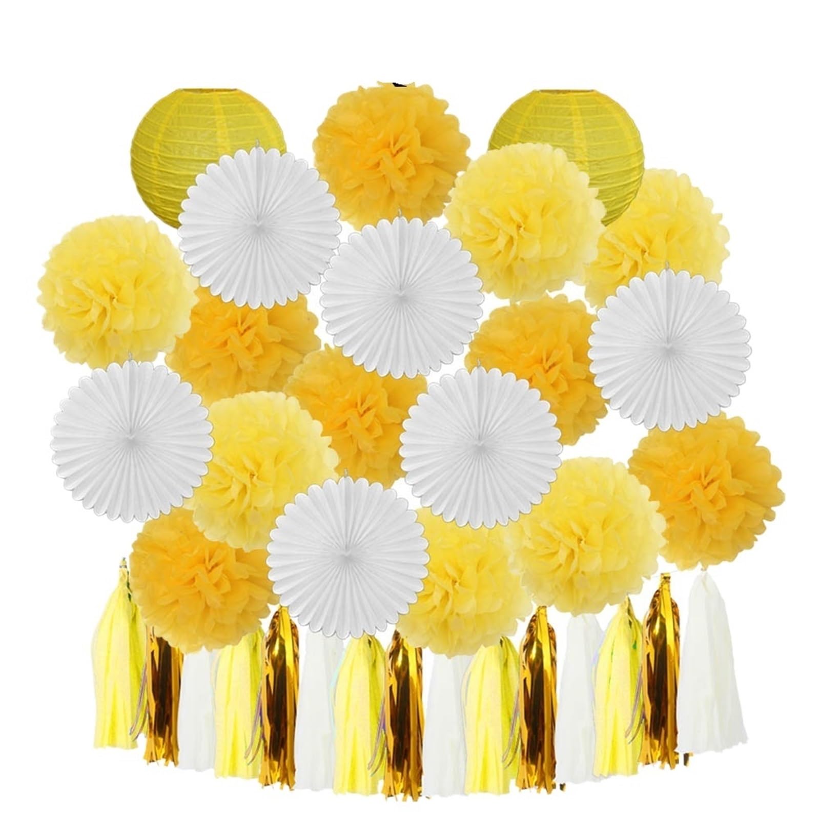Paper Lanterns Boy Birthday Party Favor Hanging Paper Lantern Fan Wedding Decor Blue White Set Tissue Pompom Tassel(Yellow Set)
