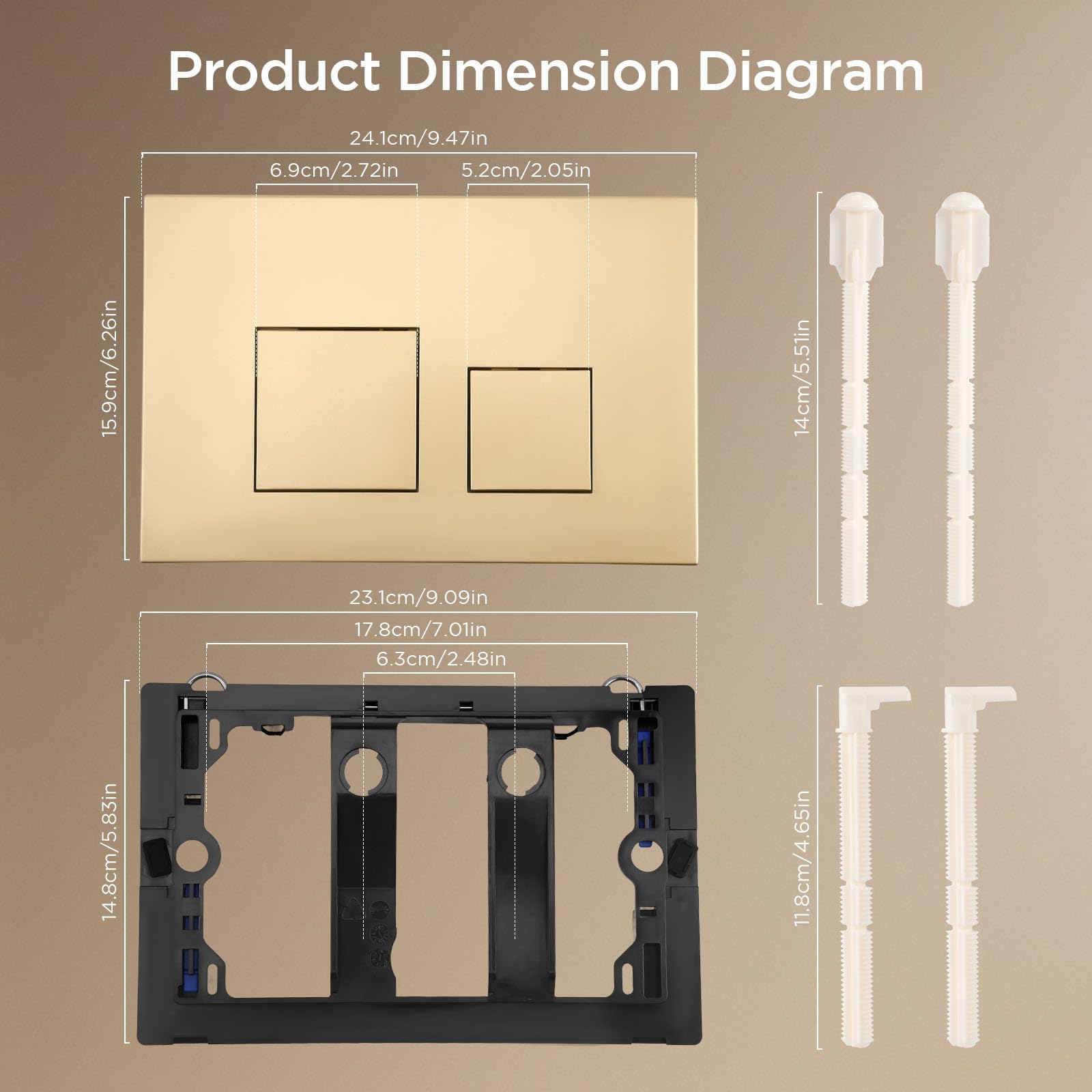 Placca Di Comando Wc,Doppio Scarico,Piastra Di Ricambio Per Pannello Frontale Del Cassetta Wc,Con Set Di Aste Scarico E Telaio Di Fissaggio,Per Geberit Sigma 01,10,20,21,30,50,60,Up320 (Oro opaco)