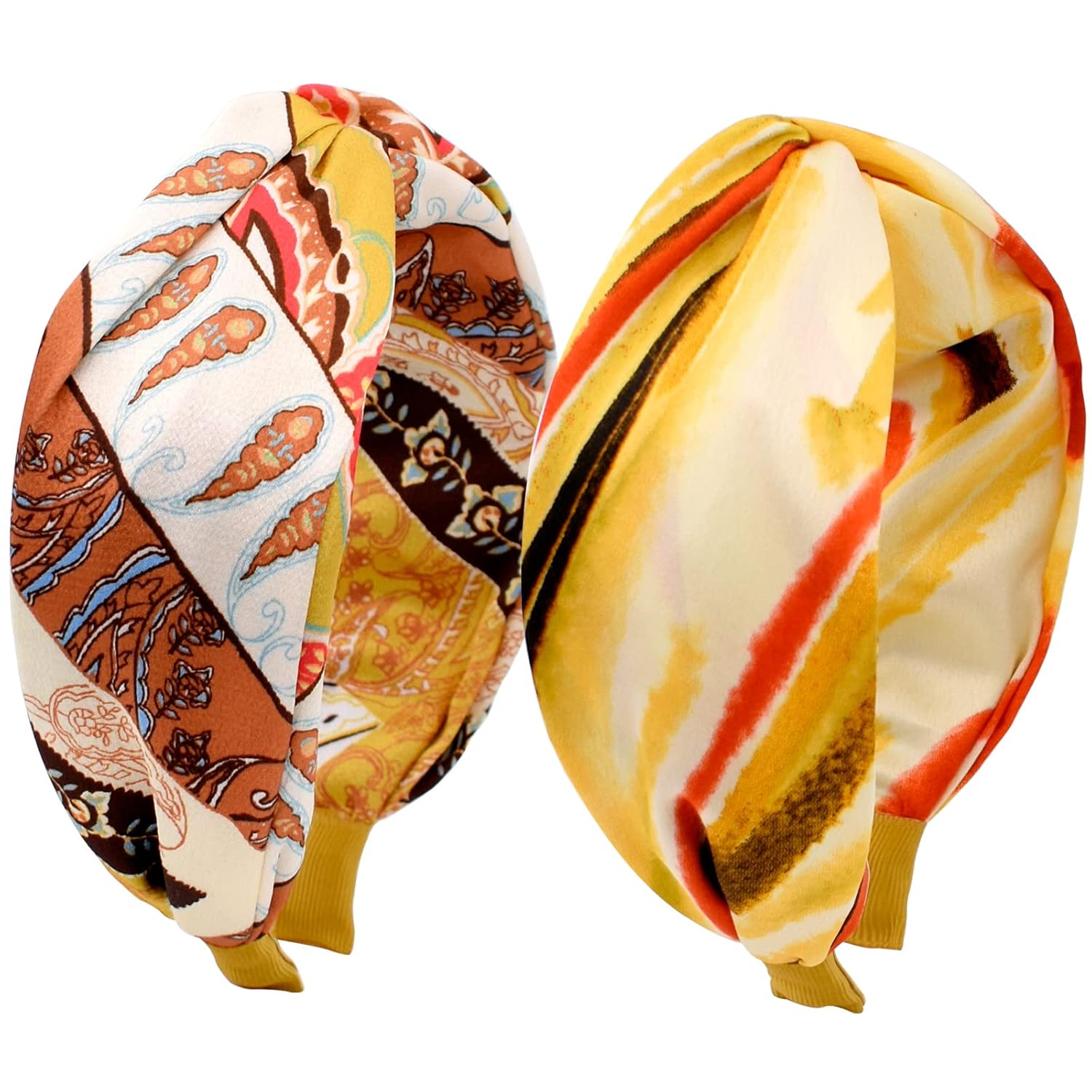 BEGOOD Headbands for Women Paisley Womens Knotted Wide Headband Fashion Designer Head Bands Cross Knot Hairband Turban Hair Accessories for Girls 2Pcs Paisley and Sunset Glow