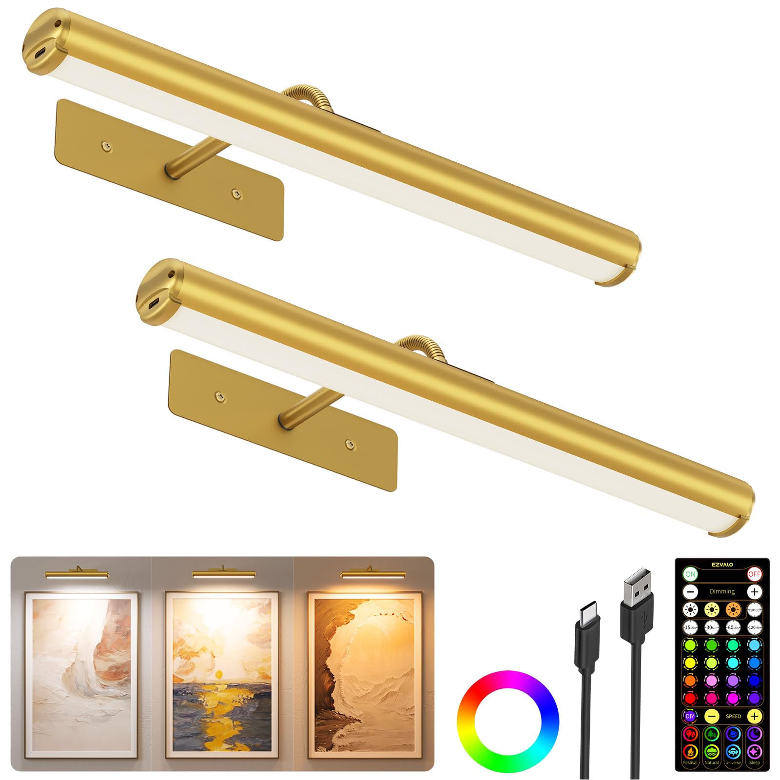 EZVALO 13in Picture Light for Wall, 4000mAh Rechargeable Art Light with Remote, RGB &amp; 3 Color Temps, Battery Operated Wall Light for Paint, Photo - 2 Pack
