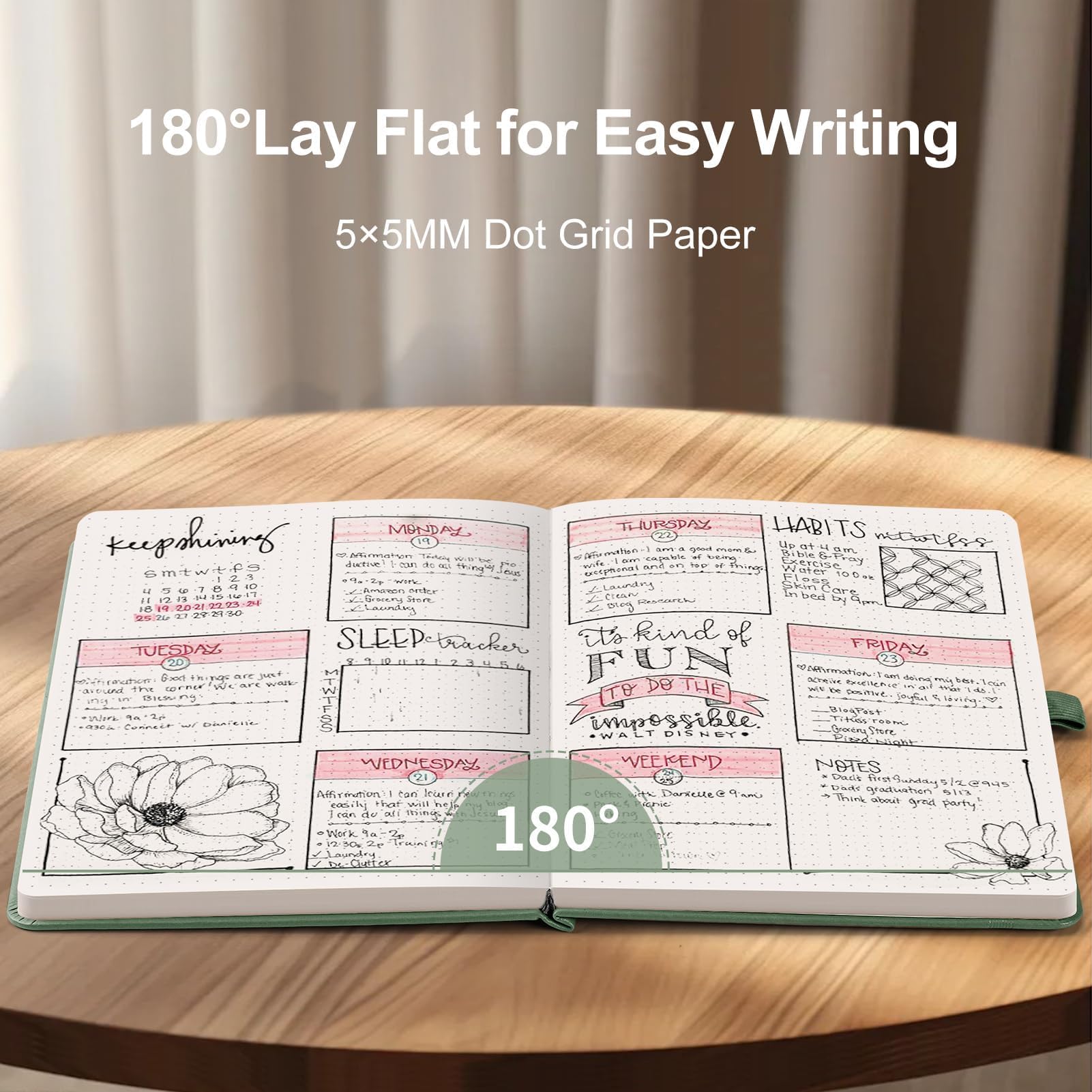 AHGXG Gepunktetes Tagebuch, 150 g/m² Papier, 128 Seiten, A5 (14 x 21 cm) | Dot Grid Notizbuch, Leder Softcover, Innentasche, Schablone, für Journaling, Planung, Tracking (Salbeigrün)