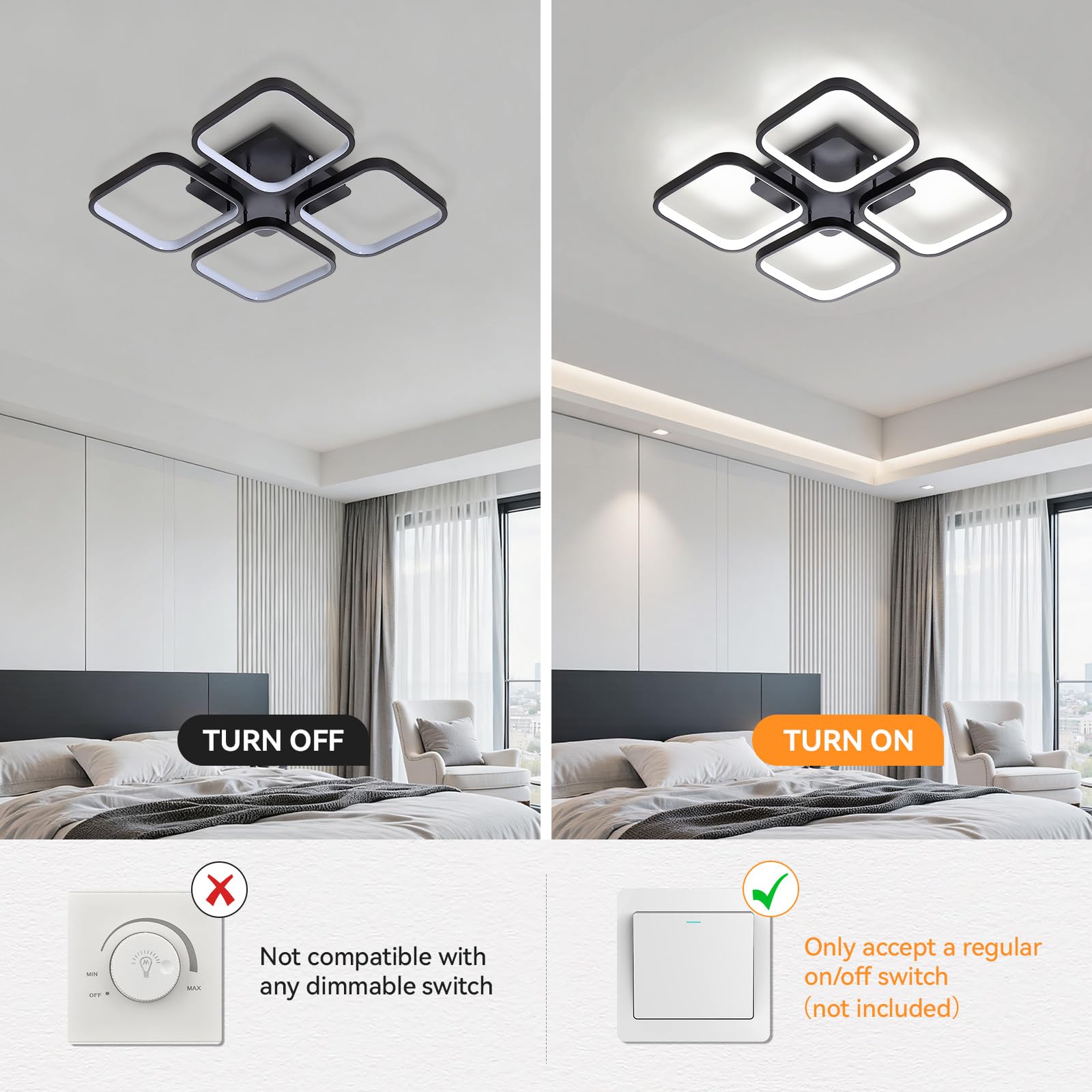 Warmiehomy Modern LED Ceiling Lamp,60W LED Ceiling Lighting Fixtures,43CM Square 4 Lights Black Ceiling Lights with 6500K Cool White Light for Bedrooms - Image 4