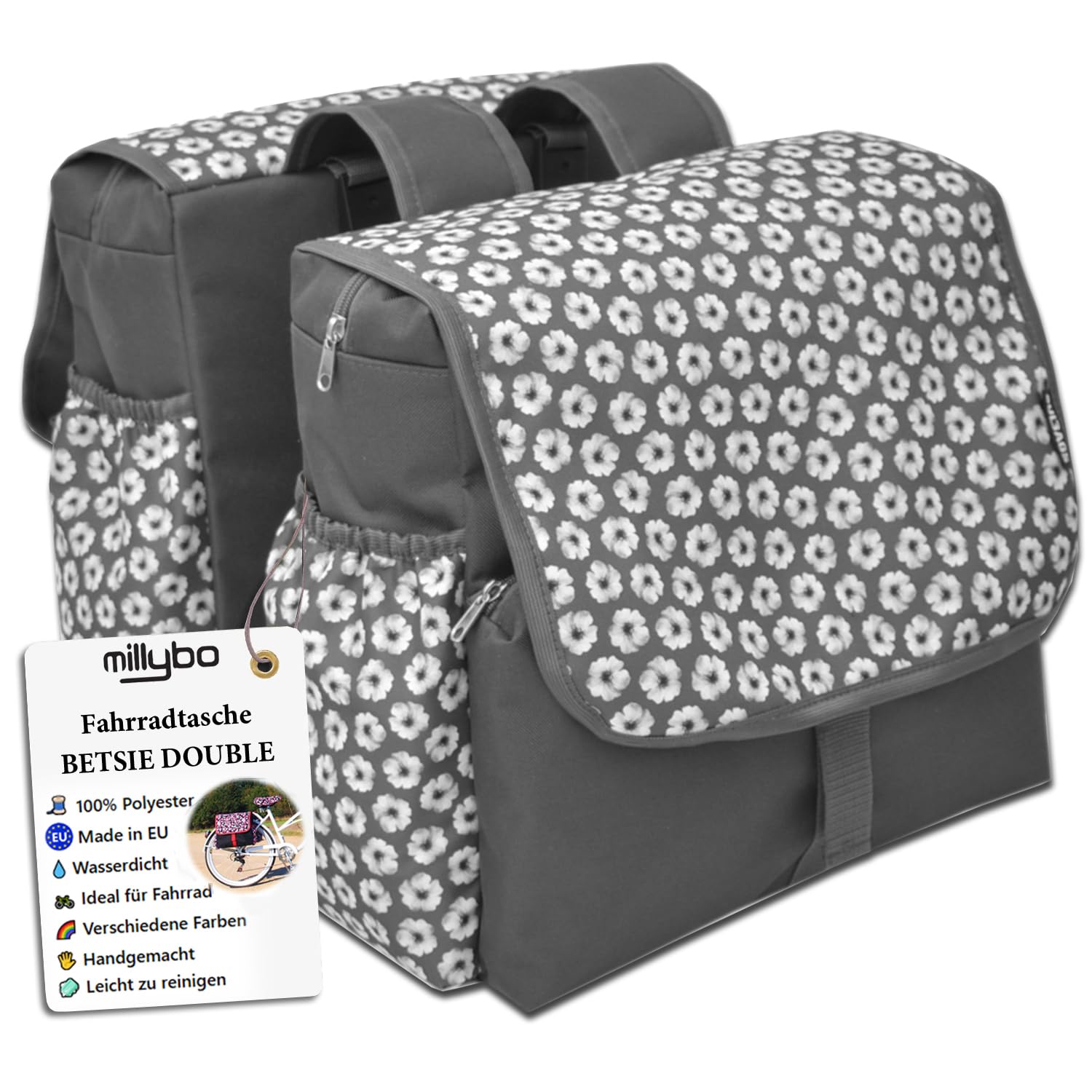 millybo BETSIE Double Gepäckträgertasche Fahrradtasche Doppeltasche Gepäckträger Tasche Fahrrad Tasche viele Muster (105.002 Graphite) Sport & Freizeit