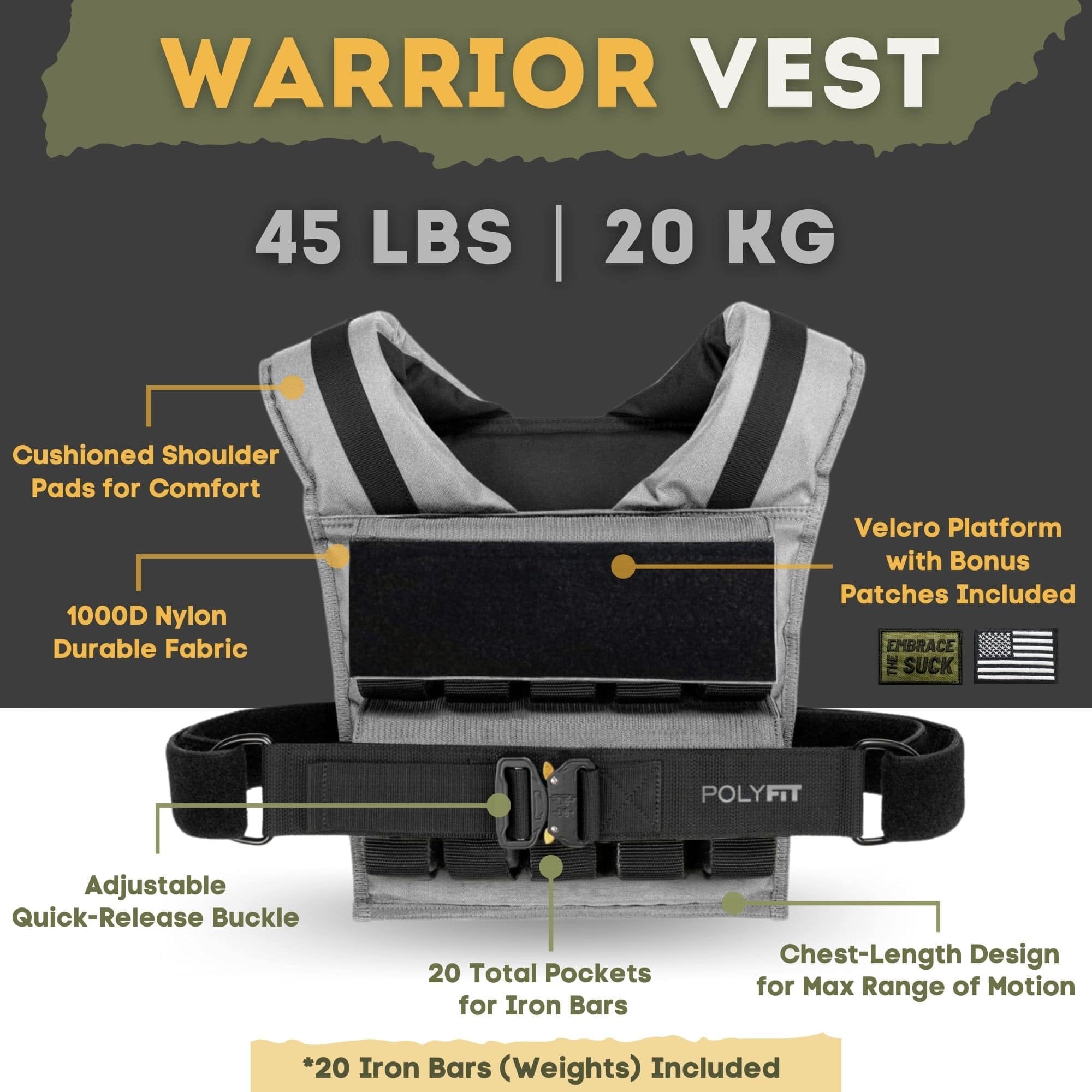 Polyfit (Warrior) Gilet ponderato regolabile – 11,3 kg | 15,9 kg | 20,4 kg – Gilet con pesi in ferro regolabili per uomini e donne per allenamenti, allenamento della forza, rucking