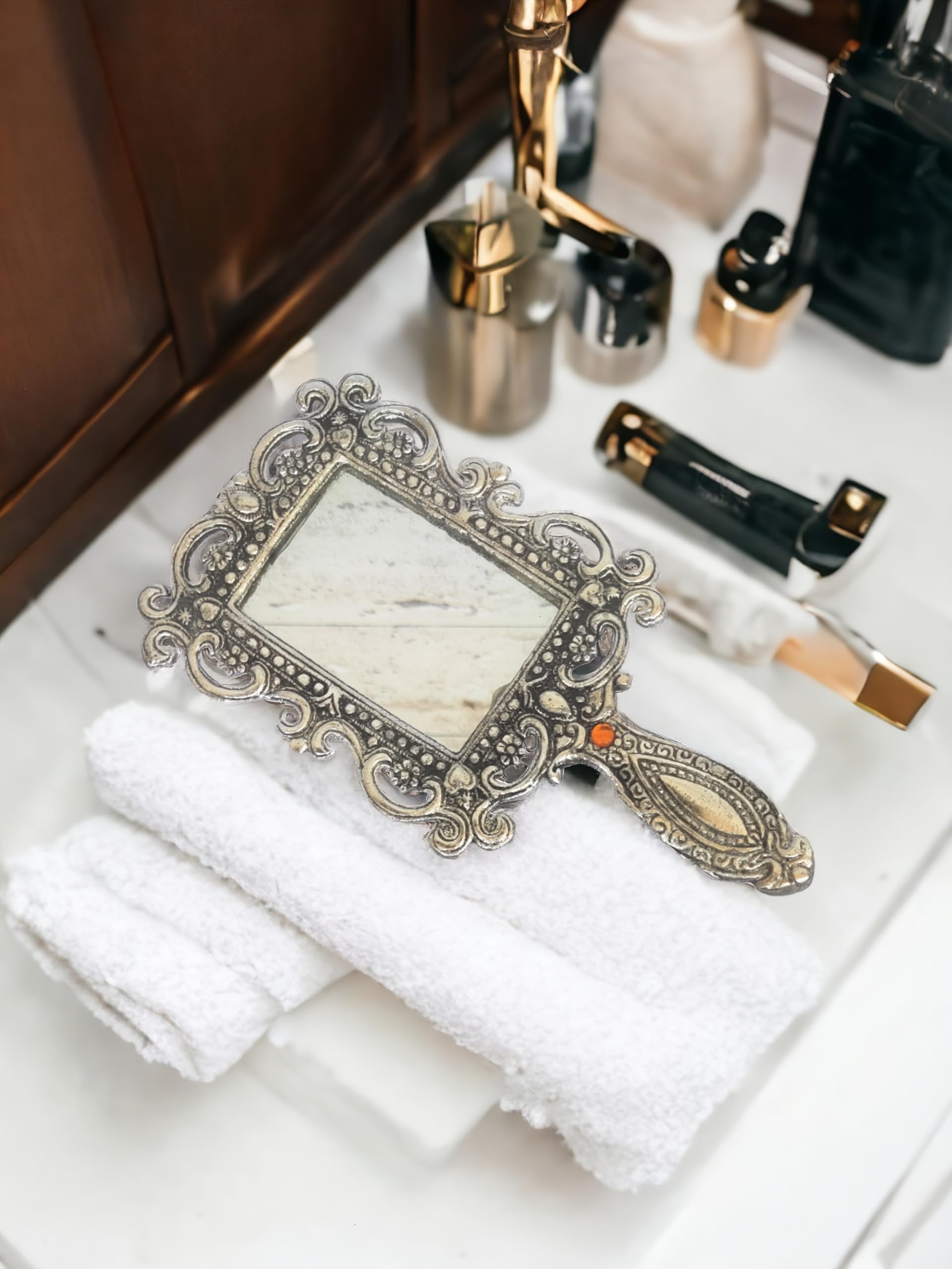 Blissfull Decor Handicraft Antique Craft Rajasthani Mirror with Handle Aluminum Metal Handheld Compact Vintage Mirror for Personal Makeup Vanity Portable Travel Skin Mirror (Pack of 1) Silver