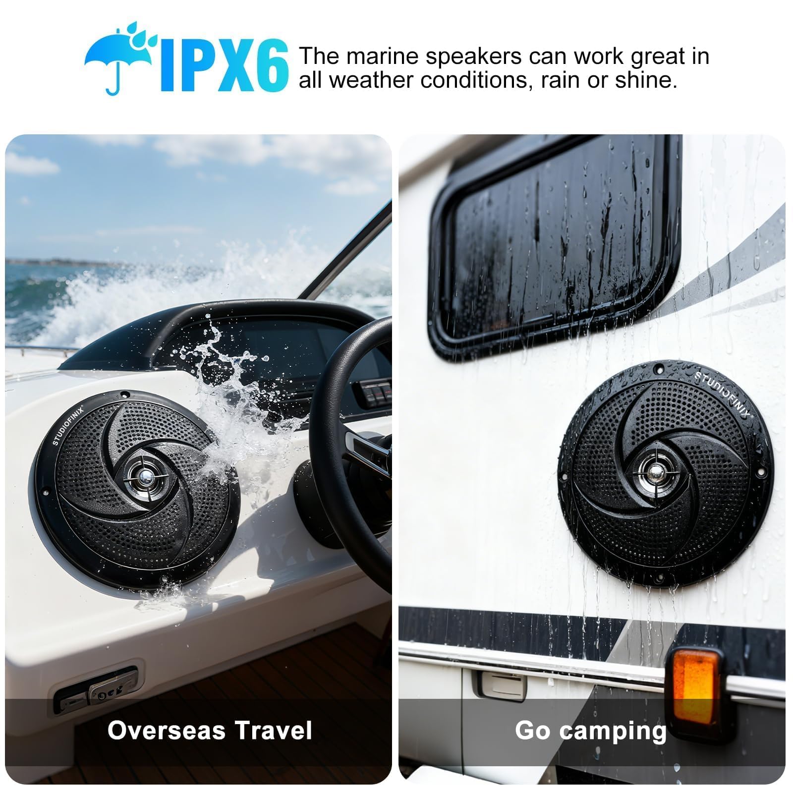 STUDIOFINIX 6,5" 240W Bluetooth wasserdichte Marine-Lautsprecher, 2-Wege wetterfest mit LED-Leuchten, schlank flach, für Boot, Wohnmobil, ATV, UTV, Golfcart (1 Paar, Schwarz)