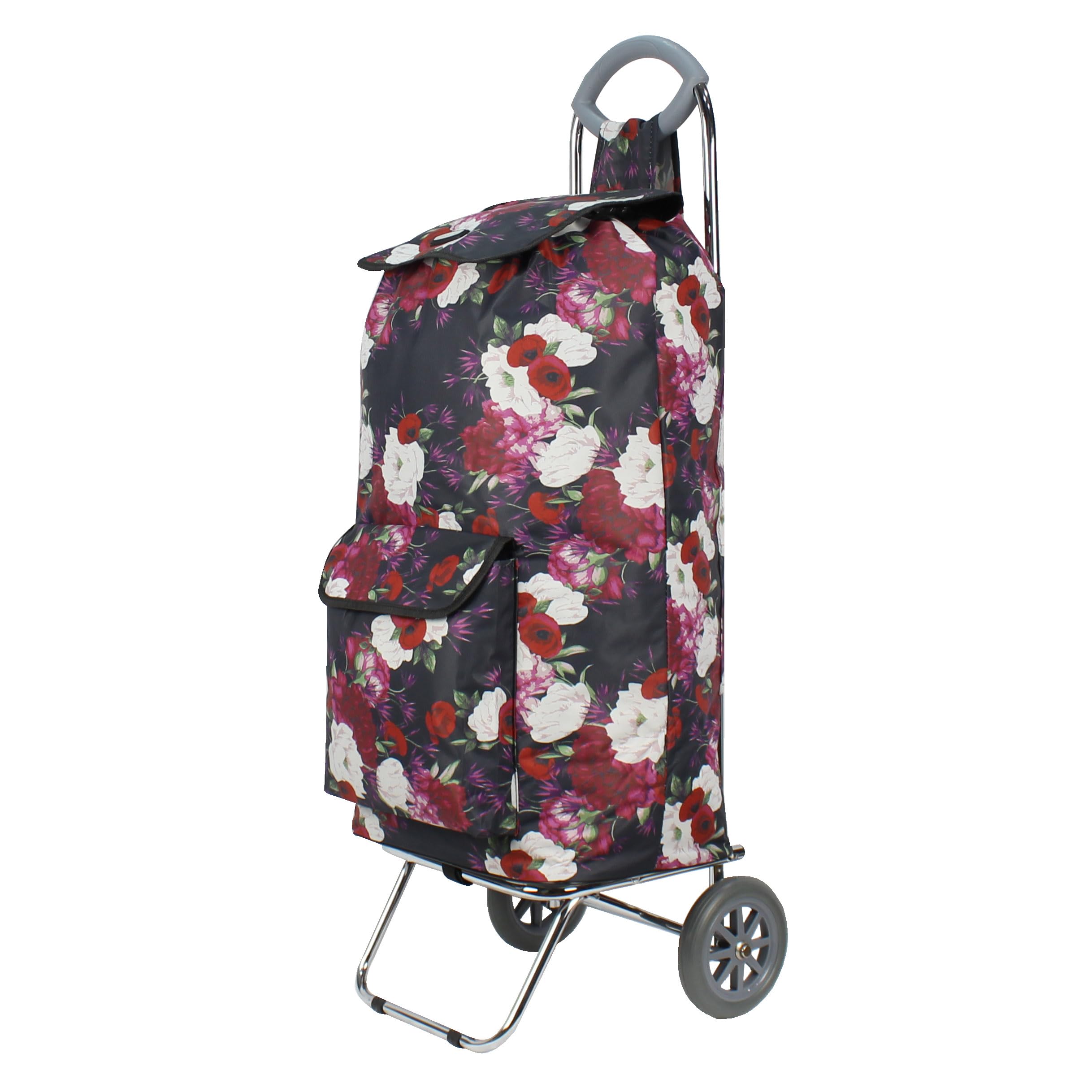 Rocklands London® 60 Litre Folding Shopping Trolley Chrome Steel Frame Wheeled Shopping Cart Grocery Bag (Purple - Floral)