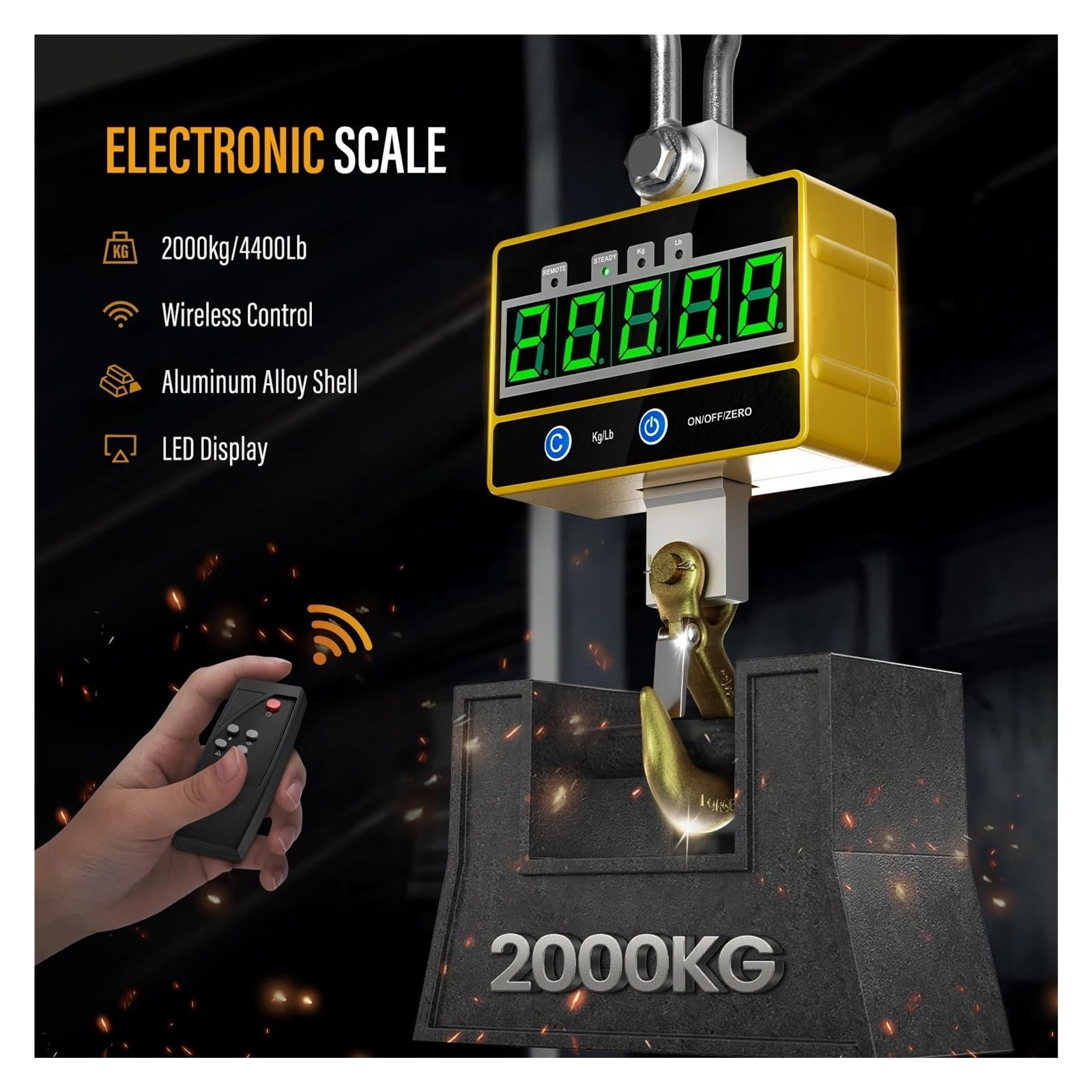 Báscula de grúa digital industrial 2000 kg/4000 lb alta precisión recargable con control remoto, Versátil