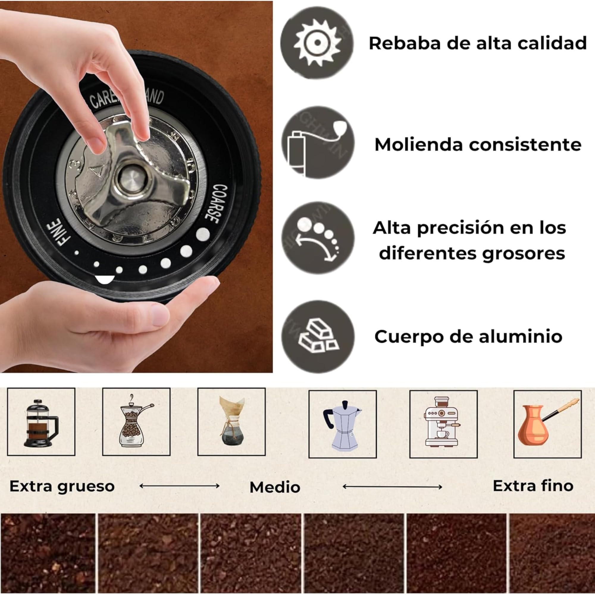 Molinillo Cafe Manual 25 g, Muelas Cónicas Hexagonales de Acero Inoxidable, Molienda Ajustable para Espresso, Moka y Prensa Francesa, Aluminio Anodizado y Nogal