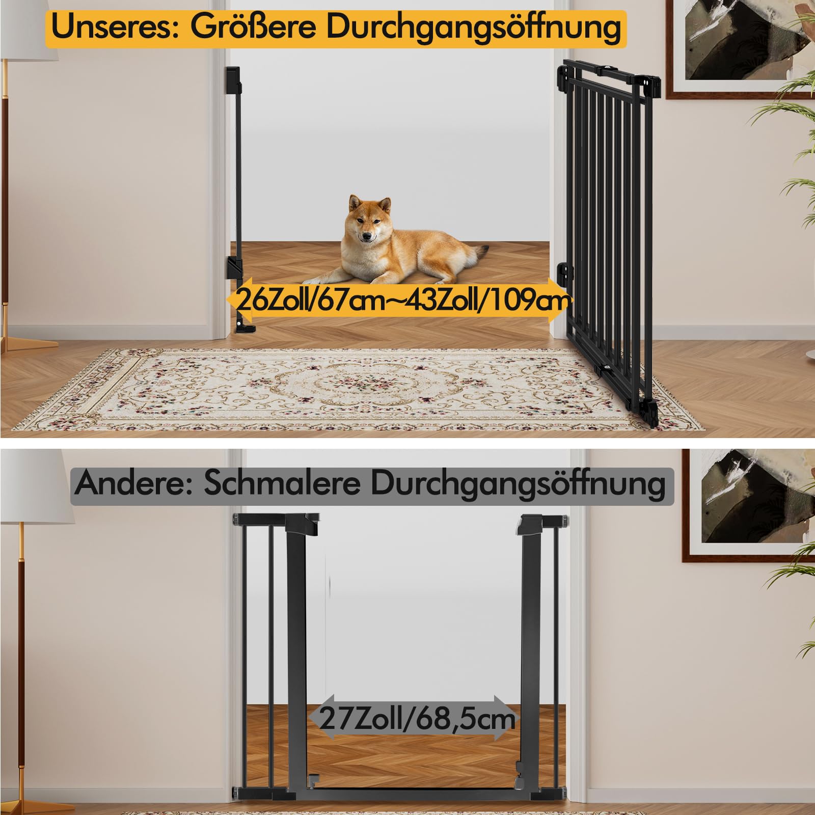 derimkcoa extra breites Treppenschutzgitter von derimkcoa, 74 cm hoch, Sicherheitsgitter für Kinder und Haustiere verstellbare Breite von 67–109 cm, Schwarz