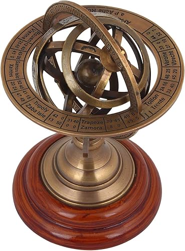 Antiqueccolletion Antiguo 5.0in esfera de astrolabe armilar hecha de latón y base de madera