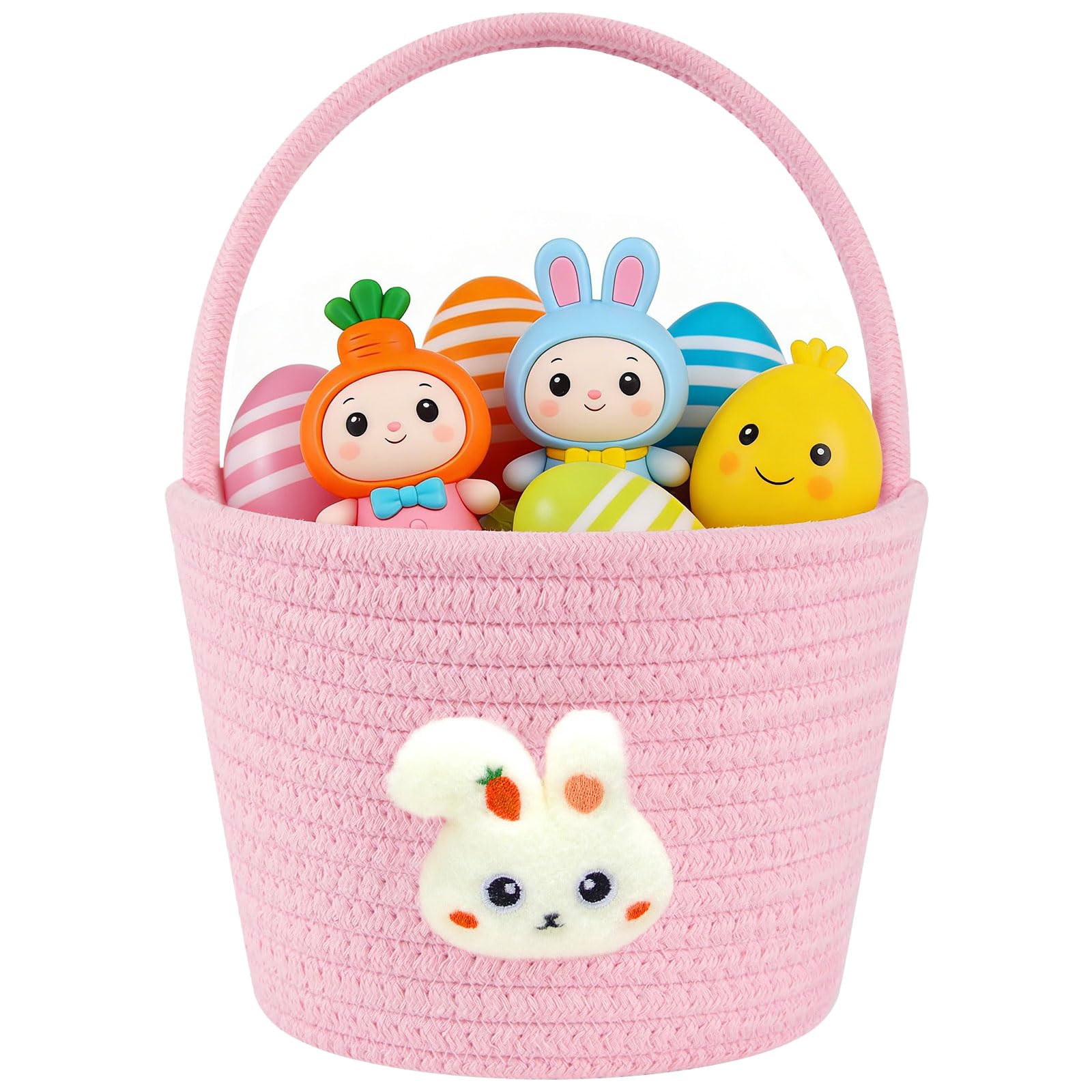 Femihua Pink Easter Basket For Kids, Empty Easter Bunny Baskets, Reusable Cotton Rope Basket With Handle, Perfect For Egg Hunt & Gift Decorations