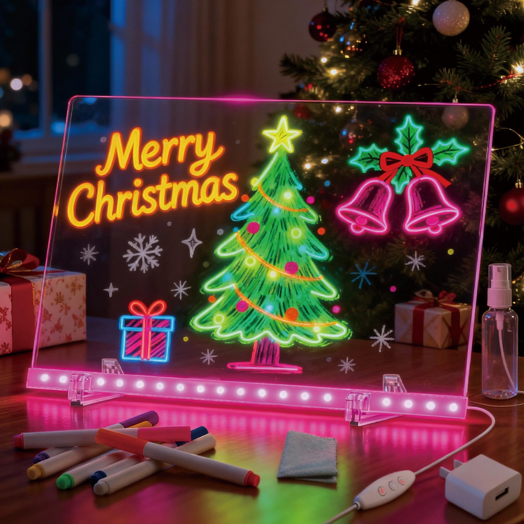 Tablero de dibujo LED con colores, 14 x 10 pulgadas, 3 modos y 7 colores de iluminación acrílica de borrado en seco, tablero de notas LED iluminado con soporte y 7 marcadores, tableta de escritura LED