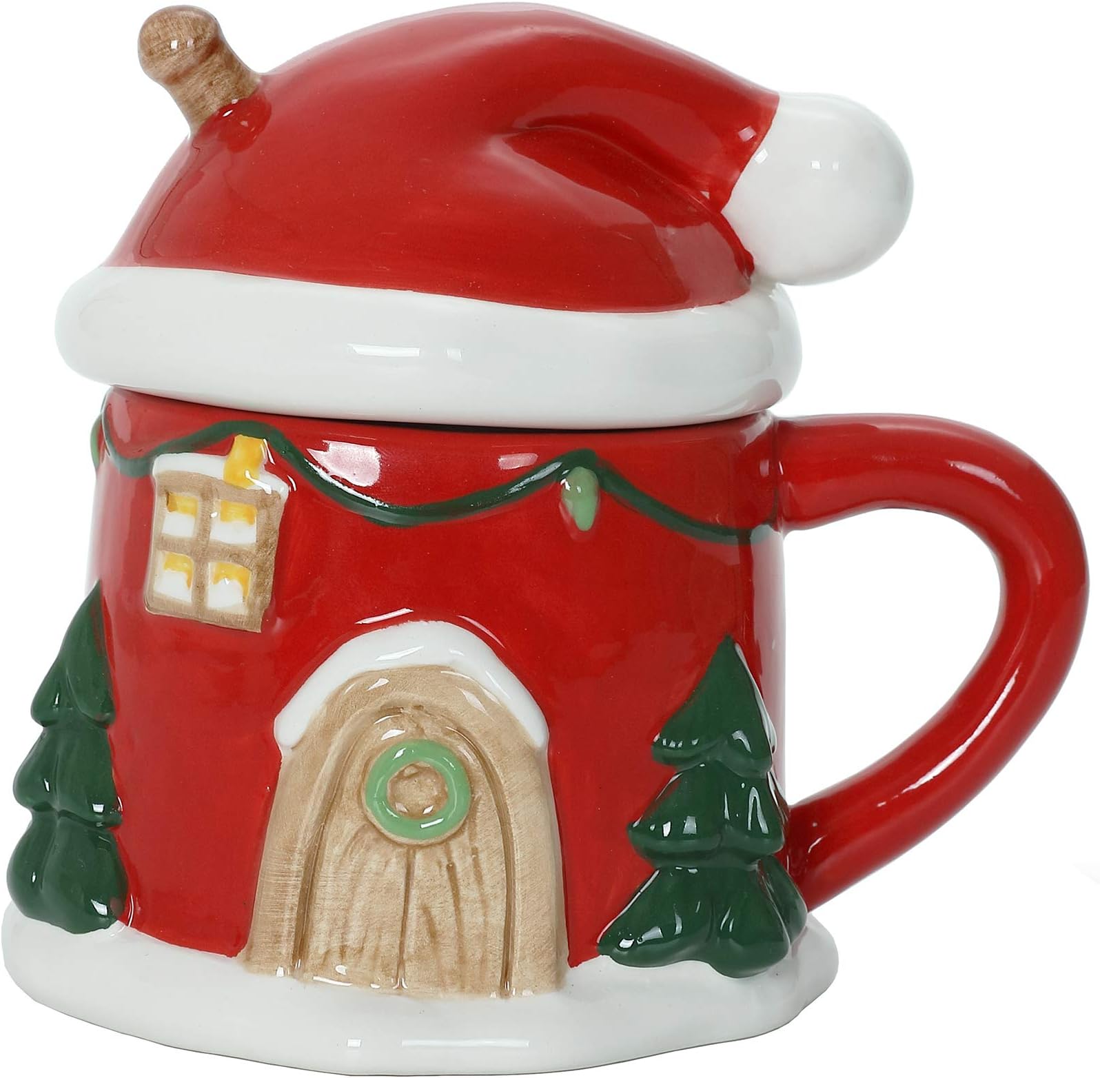 Red House With Hat Lid - Christmas Themed Ceramic Glossy 12 oz Mug With Handle (Microwave and Dishwasher Safe)