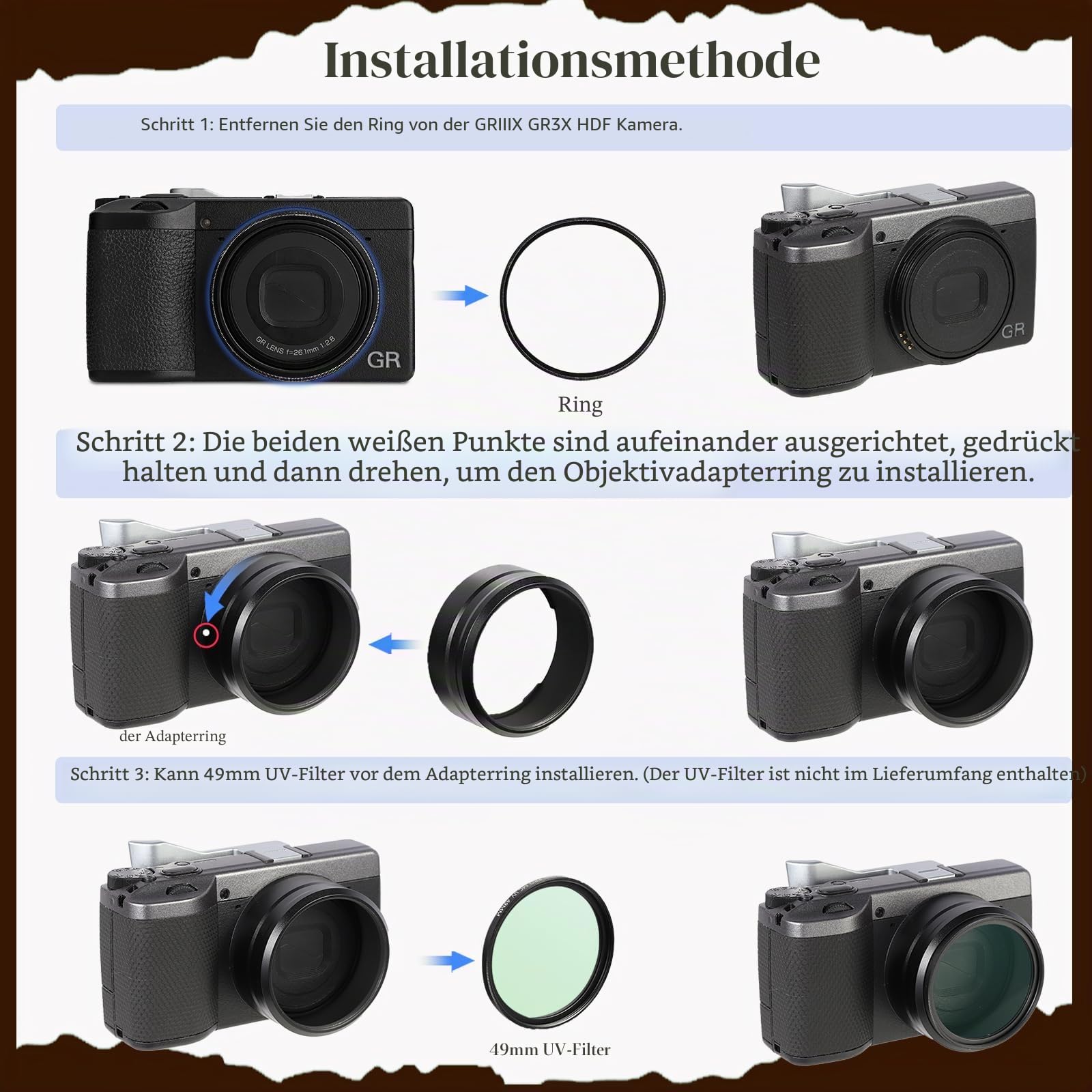 Haoge 49 mm UV-Filter-Adapterring für RICOH GR IV gr4 Digitalkameraobjektiv für GT-2 GW4 Weitwinkelobjektiv ersetzt GA-3, LAR-GR4