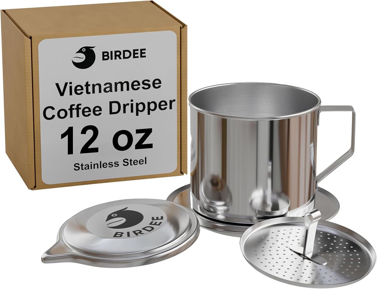 Birdee Vietnamese Coffee Dripper - 12 oz, Stainless Steel, Medium Drip Filter, Durable, Dishwasher Safe, Home Use, Travel, Camping, Gift Sets