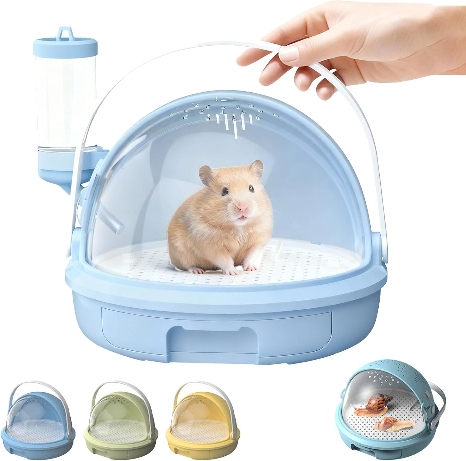 Bunny Carrier, Hamster Travel Carrier-with Water Bottle Pull Out Tray, 2026New Portable Carrier Small Hamster Cage with Rotating Lid Portable, for Bunny Gerbil Outdoor Camping (Blue+Bottle,Large)
