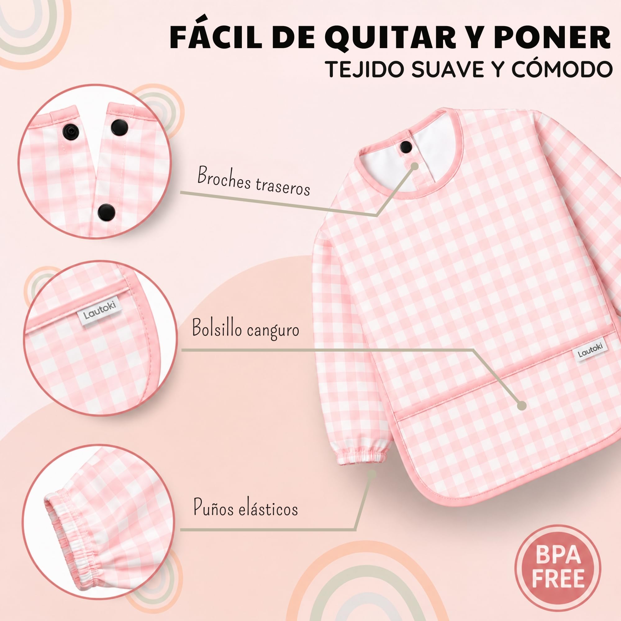 Baberos Bebé Impermeables con Mangas + Bolsita de Transporte - Babero BLW para Bebé 12–36 Meses - Doble Capa 100% Impermeable - Puños Elásticos y Bolsillo Canguro - Fácil de Limpiar