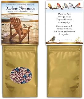 Personalized Memorial Funeral Bird Seed Packets with Choice of Sympathy Poem, Tribute, Keepsake, Wild Bird Seed Favors, Remembrance, Celebration of Life, Lake Dock Sunset Design - Qty 25