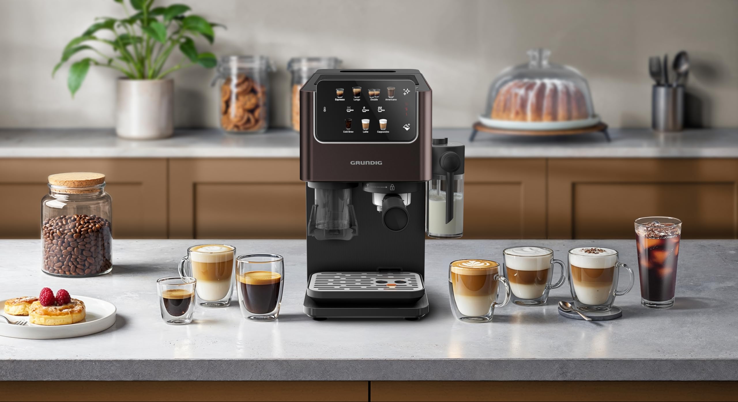 Grundig KSM 8530 Siebträgermaschine, 7 Kaffeespezialitäten inkl. Cold Brew, 1688 W, 20 bar, Edelstahlmahlwerk, Milchbehälter, Touch-Display, für Bohnen, Pulver & Kapseln, Schwarz/Braun
