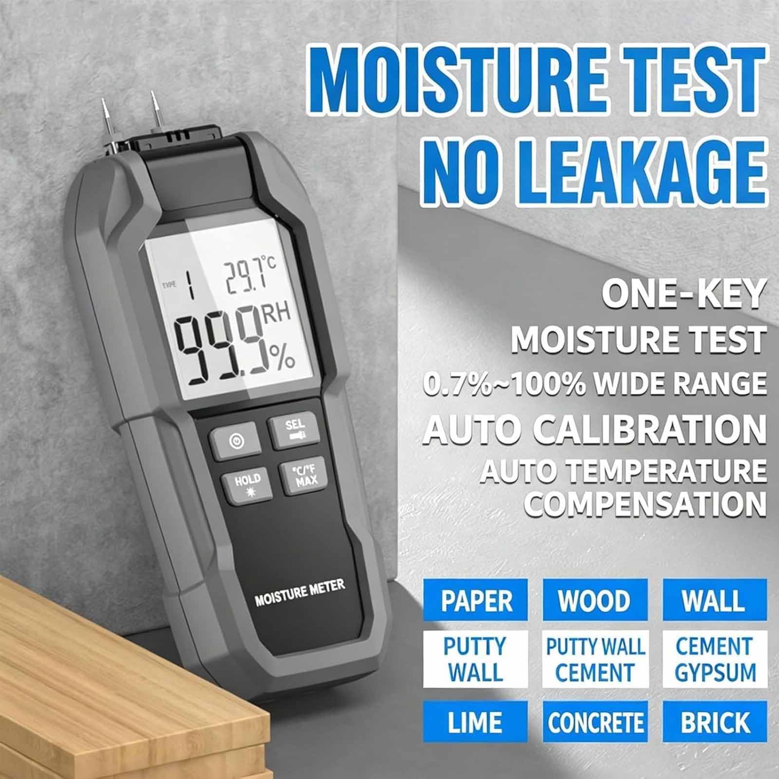 Misuratore Digitale di umidità del Legno, Rilevatore di umidità per Cemento A Perno da 0,7% A 99%, 9 velocità, con Sonda di Ricambio, Calibrazione Automatica, Display Retroilluminato