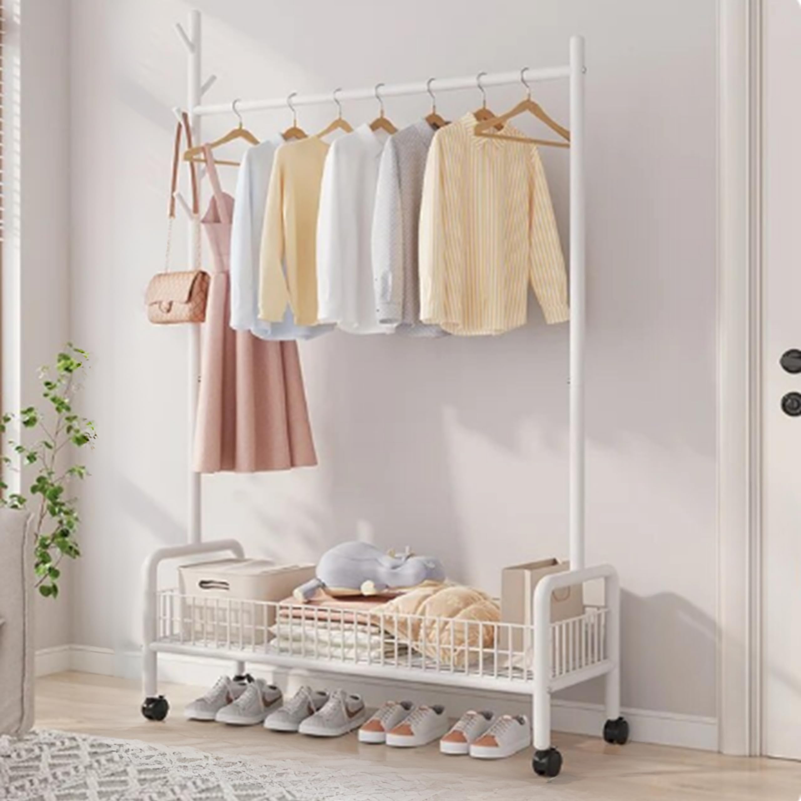- Lukzer | MGR-001 | White | Portable Metal Clothes Rack with Wheels, Single Rod & Bottom Shelf – Heavy-Duty Freestanding Closet Organizer for Bedroom, Laundry, Entryway & More | 173 x 90 x 35 cm