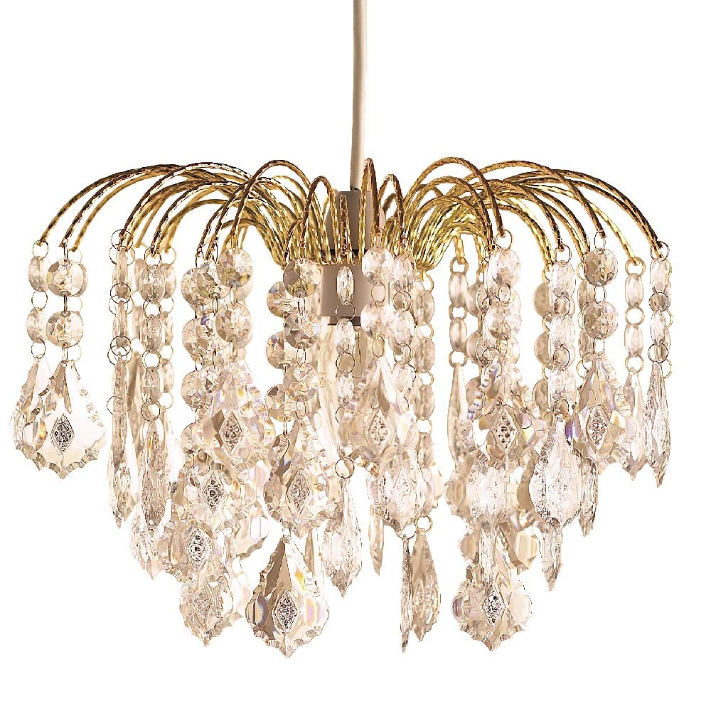 Gold Frame & Clear Acrylic Beads 4 Tier Vintage Easy Fit Waterfall Pendant Light Shade 35cm | None Electric Retro Ceiling Light | Fits E27 B22 E14 B15 Lampholders