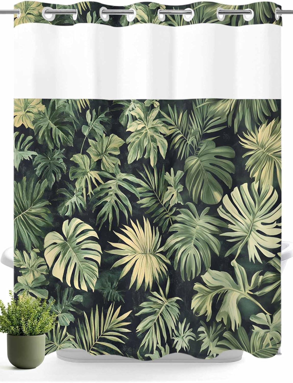 No Hook Shower Curtain with Snap in Liner, Summer Tropical Plant Monstera Leaf Waterproof Bath Curtain Double Layers with See Through Top Window, Watercolor Leaves Seamless Hotel Shower Curtains