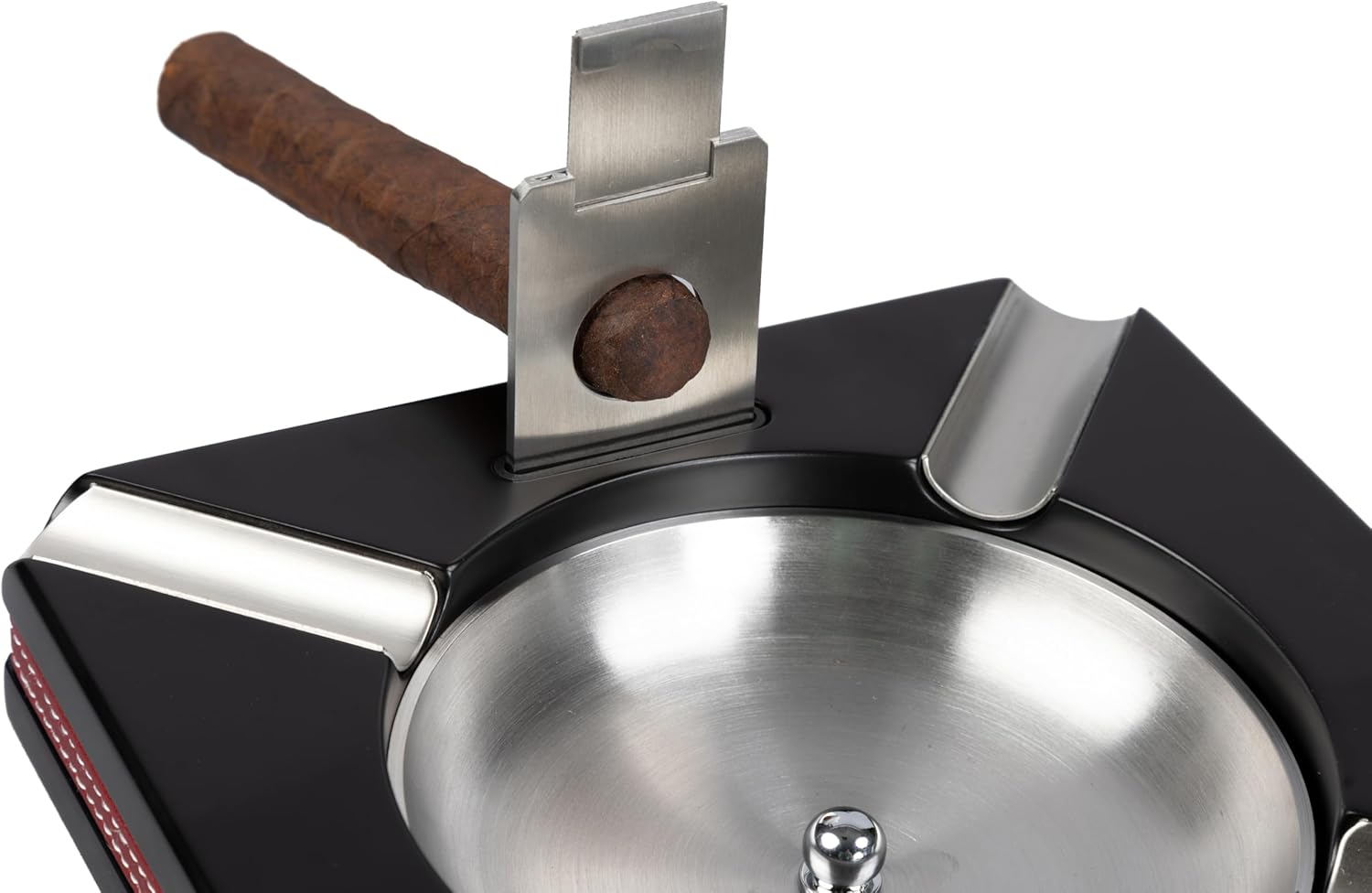Leather Motif Trim 4 Cigar Ashtray with On-Board Guillotine Cutter - Color: Black & Burgundy Red