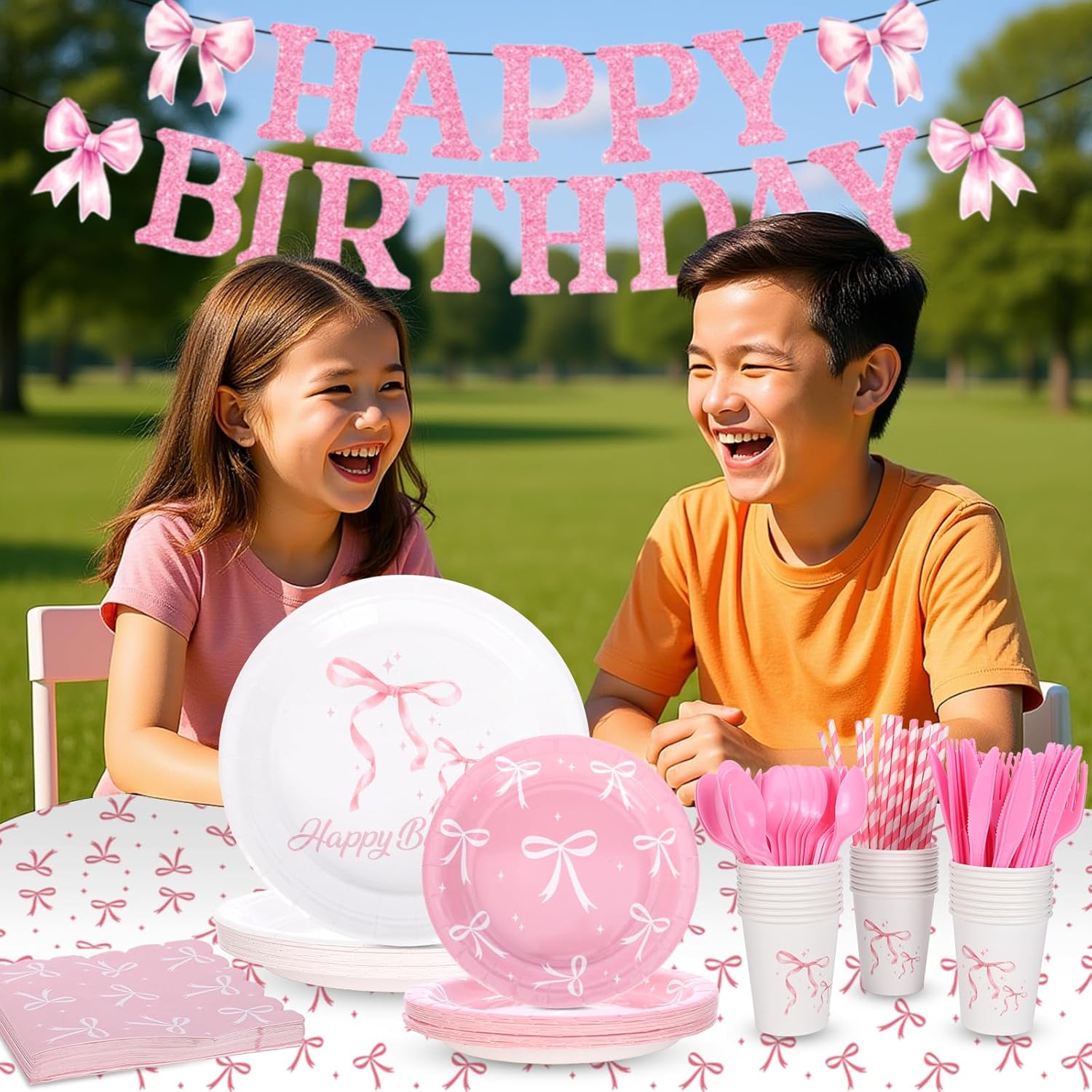 194 Pcs Pink Bow Party Decorations Coquette Birthday Decorations Bow Paper Plates Napkins Cups Forks Tablecloth Banner Bow Theme Tableware Serve 24