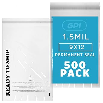 GPI - Pack of 500 9" X 12", Clear Self Seal Poly Bags - 1.5 Mil Polybags with Permanent Adhesive Strip & Suffocation Warning for Packaging T Shirts & Clothing. Perfect for Shipping Supplies with FBA