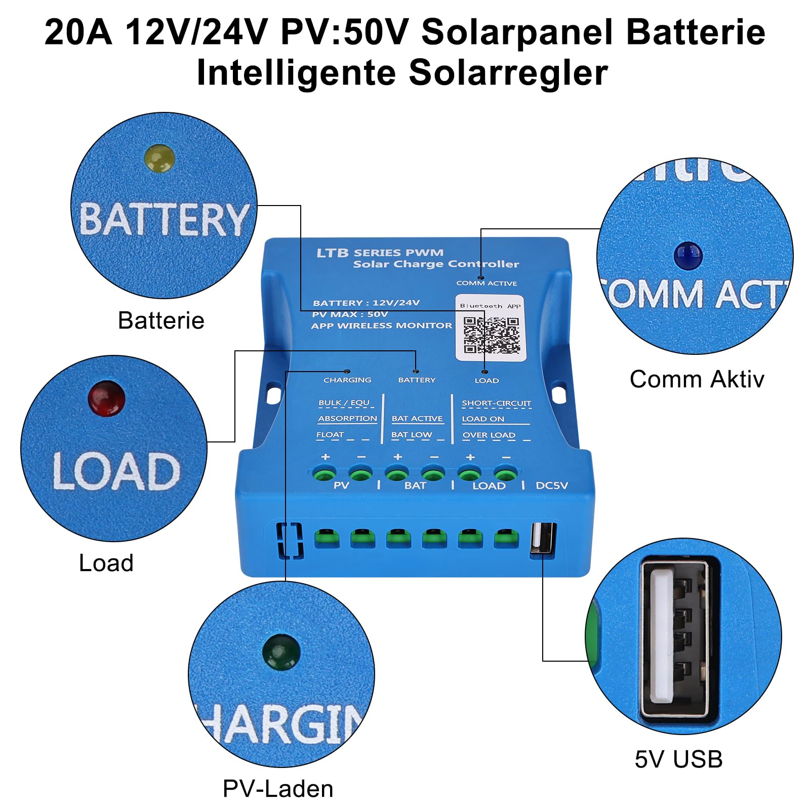 【20A Bluetooth Contrôleur de Charge】KWODE 12V/24V PWMs Régulateur Panneau Solaire Chargeur Routeur Solaire Bluetooth Intelligente Contrôleur avec 5V Port USB pour Plomb-acide, LiFePO4,Lithiu Batteries