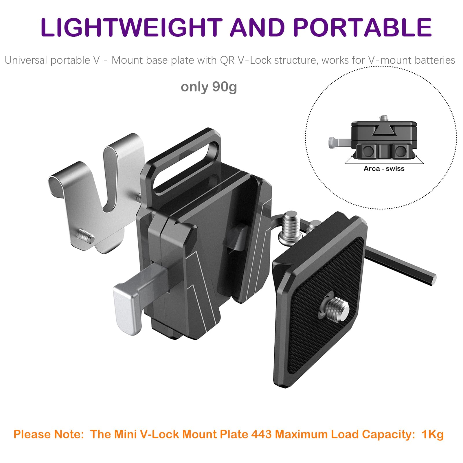 NICEYRIG Piastra Batteria Mini V Mount con clip da cintura, piastra di base standard Arca-Swiss per fotocamera SLR, pacco batteria, registratore, luce flash - 443