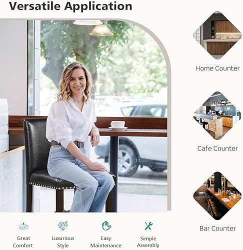 Miniatura 8 de COSTWAY Juego de 4 taburetes de bar, de piel de PVC de 25.5 pulgadas, con respaldo, silla de desayuno de isla de cocina para comedor, sala de