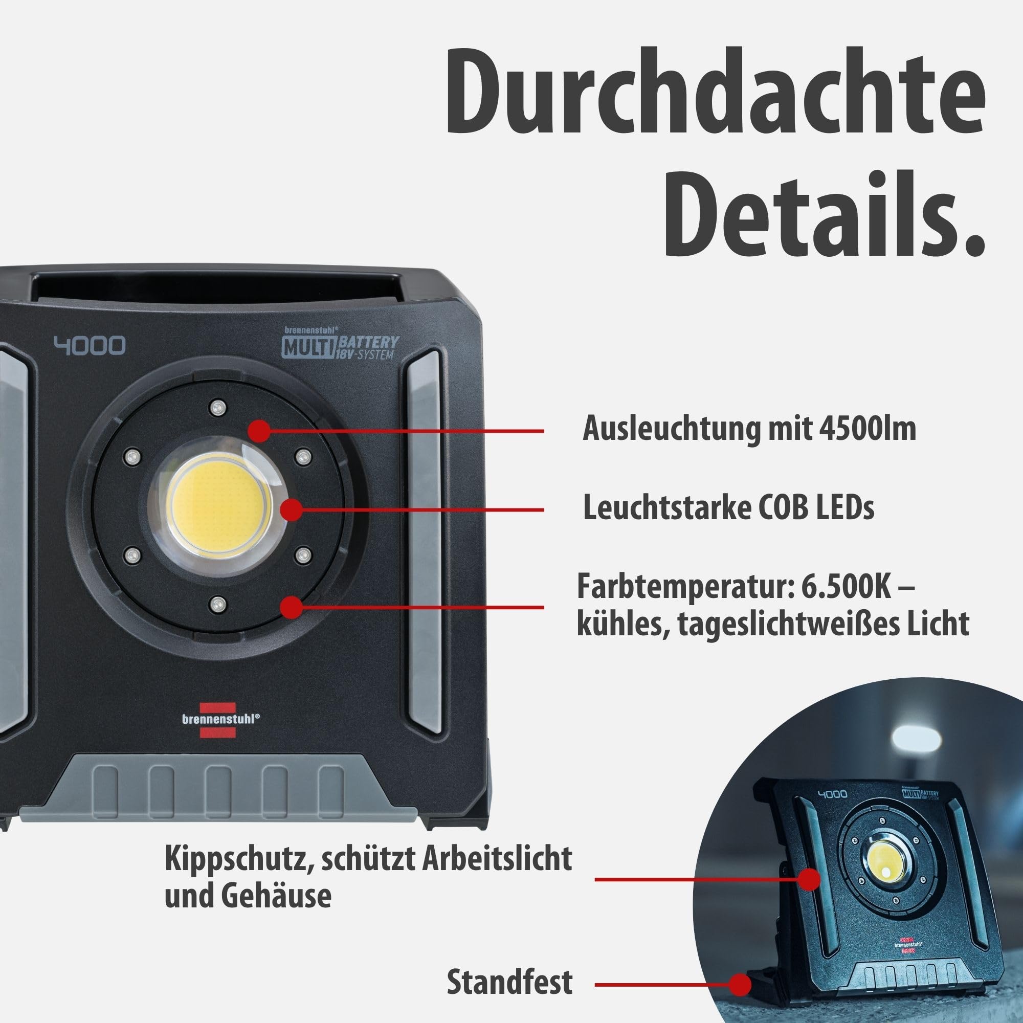 Brennenstuhl Professional Multi Battery Projecteur de chantier LED 4000 MA portable rechargeable/Projecteur LED (40W, 4500lm, IK08, IP65, compatible avec batterie 18V Powertool de 10 fabricants)