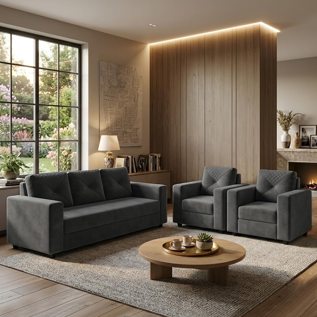 Alvaro Elvawood 5 Seater Velvet Fabric Sofa Set (3+1+1) for Living Room, Modern Wooden Sofa Furniture for Home, Office & Lounge, Premium Comfortable Seating - Dark Grey-image-20