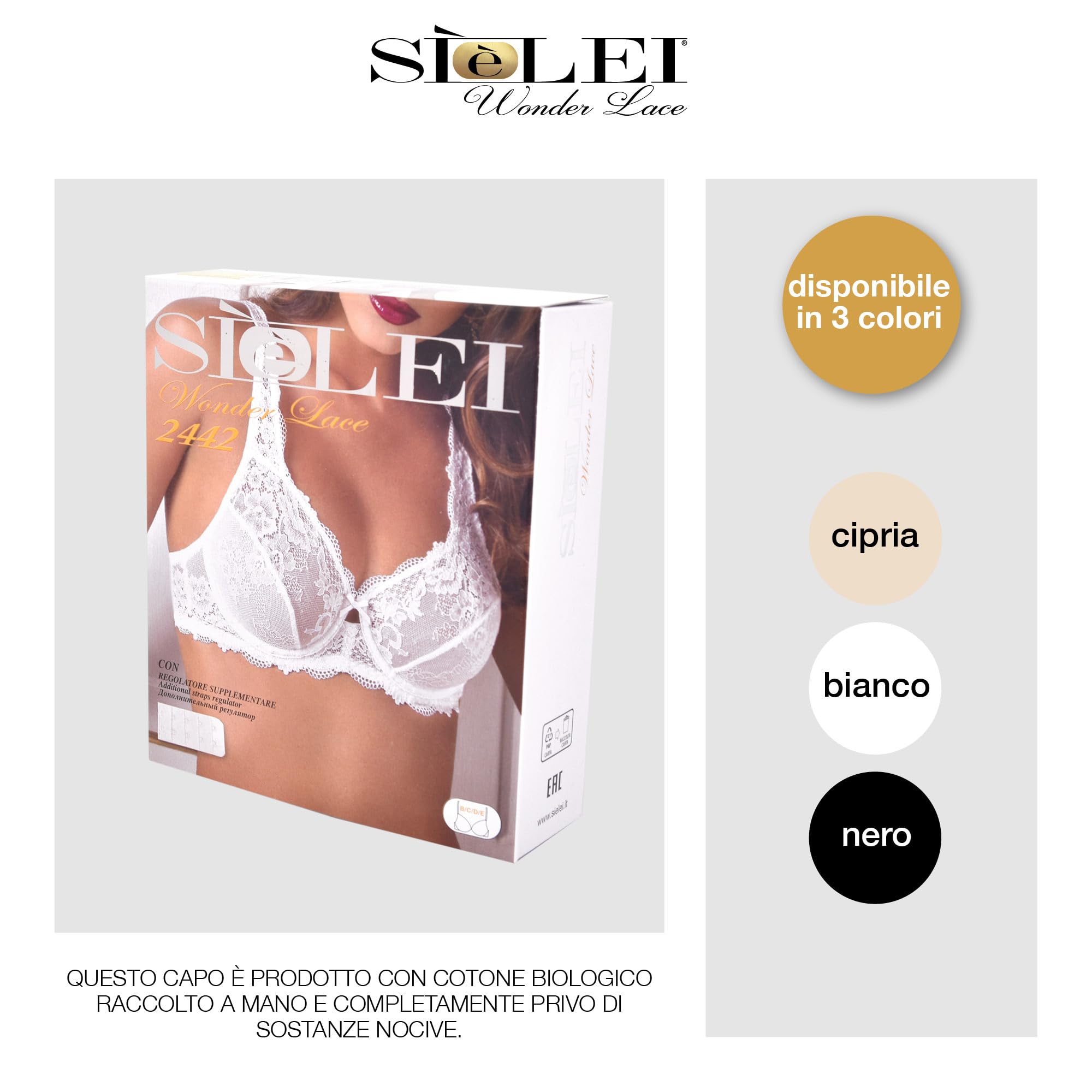 SÌèLEI, Reggiseno Francese con Ferretto, Realizzato in Morbido Pizzo, Tante Taglie Disponibili, Spalline Regolabili e Regolatore della Schiena in Regalo, Designed in Italy