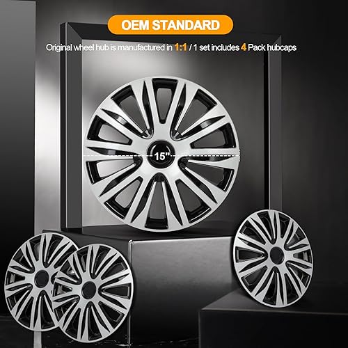 Miniatura 9 de OCPTY Paquete de 4 tapacubos de 16 pulgadas para llantas de automóvil, color negro brillante y plateado, repuesto para ruedas de acero OEM, ABS de