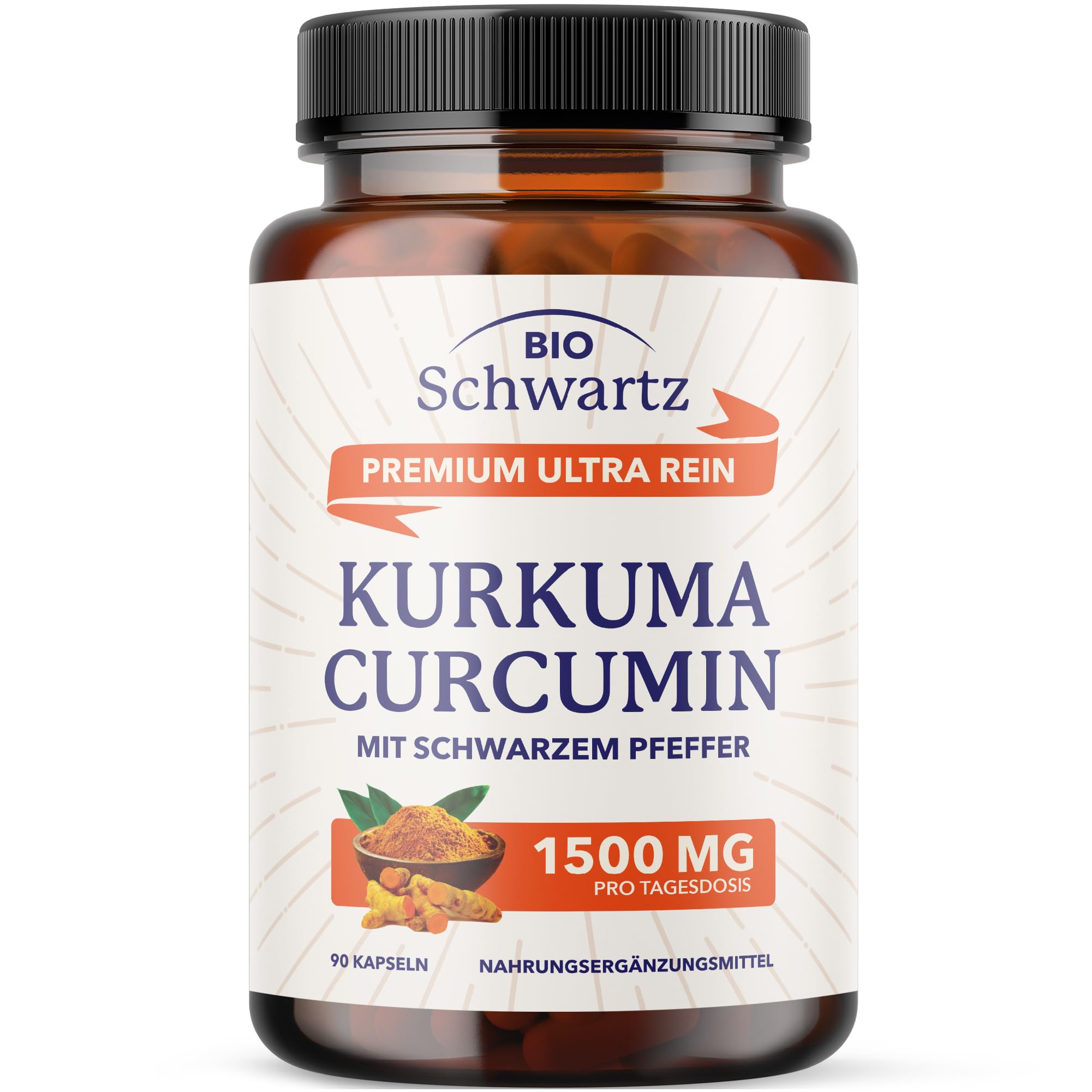 Kurkuma Kapseln Hochdosiert | 1500mg Tagesdosis | Curcumin mit Swarzer Pfeffer | 95% Curcuminoide + Kurkuma Pulver | Laborgeprüft, Vegan, Ohne Zusätze, Gelenkunterstützung | 90 Kurkuma Kapseln