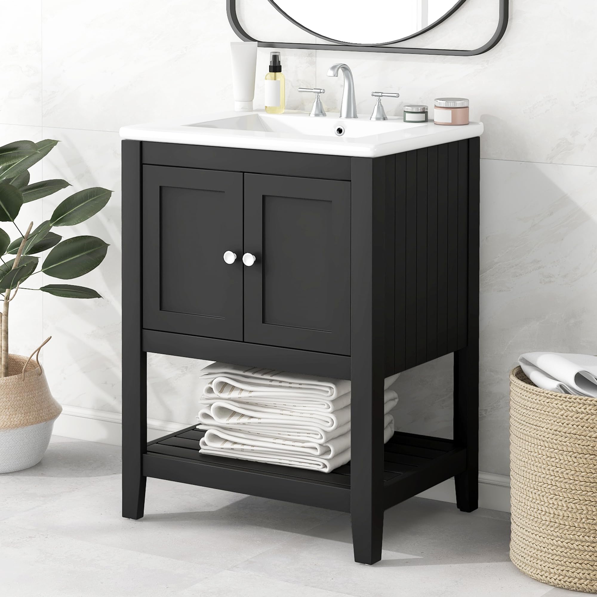 Merax 24" Bathroom Vanity with Sink,Small Bathroom Sink Cabinet with Ceramic Basin,Single Bathroom Vanities Cabinet with 2 Doors and 1 Open Shelf,