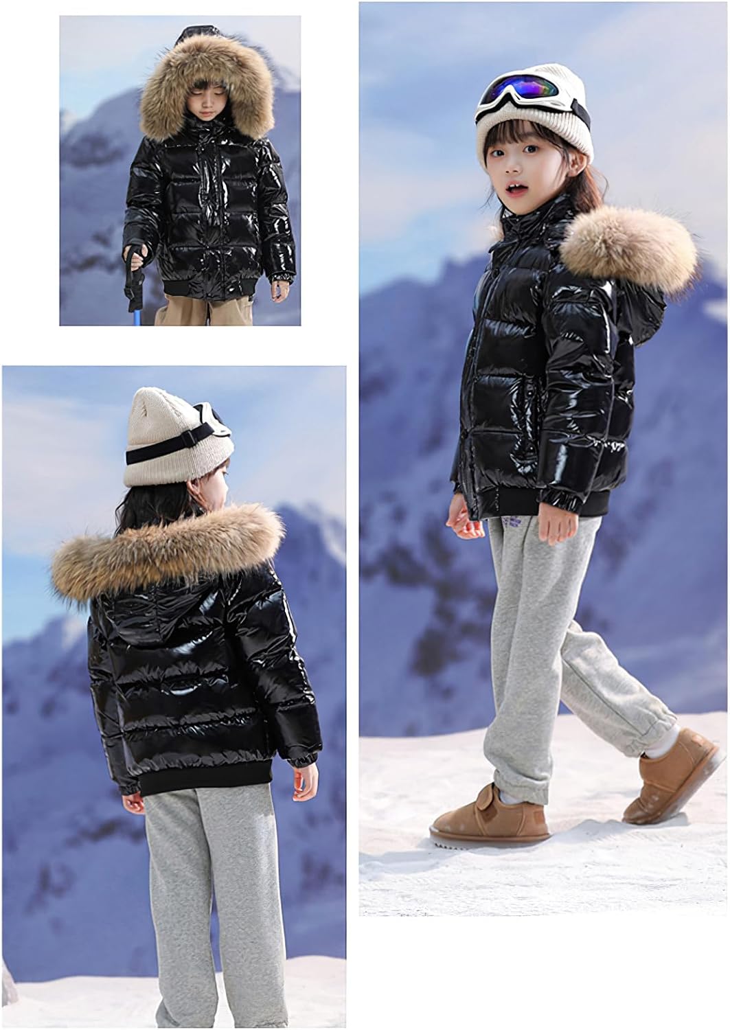 Girl's Down Coats Kids Metallic Shiny Jacket with Detachable Fur Collar Warmth Winter Outerwear - Image 4