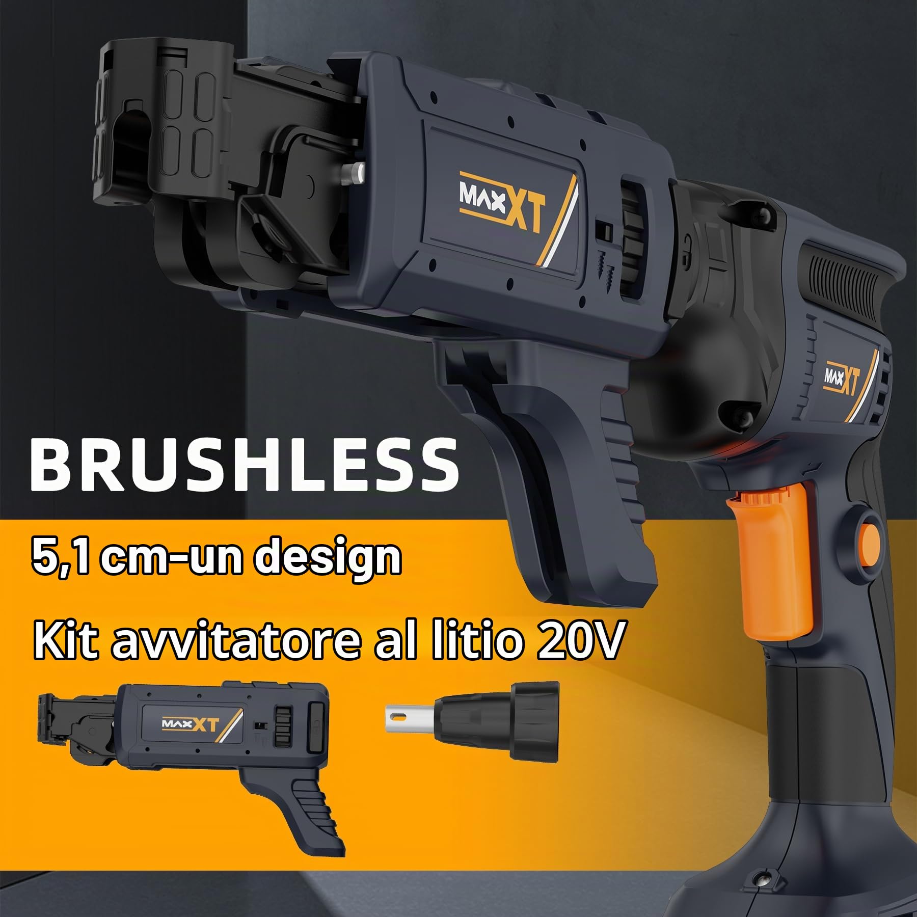 20V Atornillador con tope profundidad, MAXXT Cordless Lithium-Ion Brushless Drywall Screwdriver Autofeed 5000RPM with Collated Drywall Attachment（Included 2.0Ah Battery and Charger