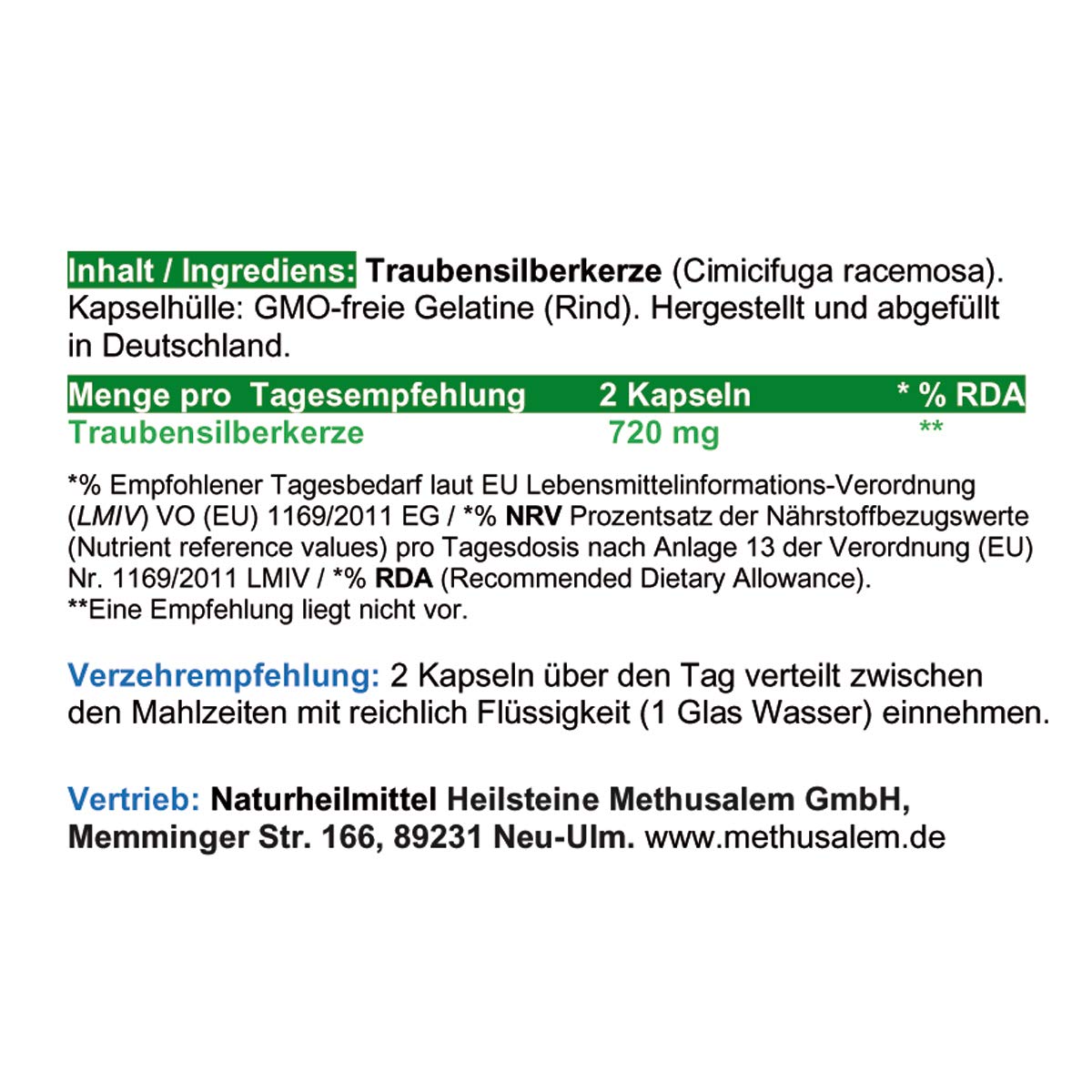 Traubensilberkerze 120 Kapseln Frauenpflanze für Lebensmitte, Wechseljahre, Menopause. Cimicifuga Black Cohosh. Hormonfrei. Kein Extrakt, nicht hochdosiert. NATUR pur. OHNE ZUSATZSTOFFE. 26850-120