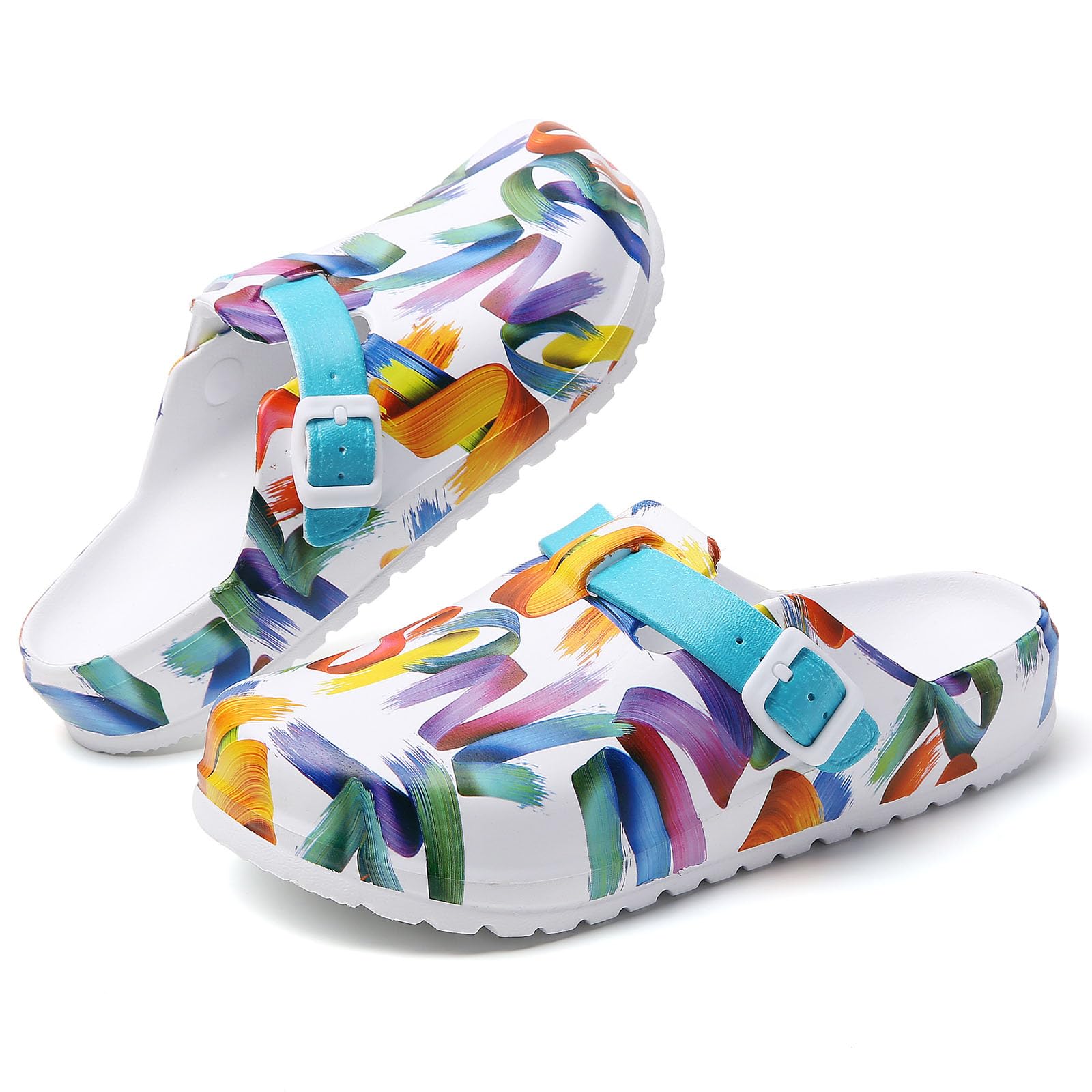 SECHRITE Zuecos de trabajo para mujer, con soporte de arco, antideslizantes, antideslizantes, para jardín, enfermera, chef, cocina, zapatos acolchados estampados