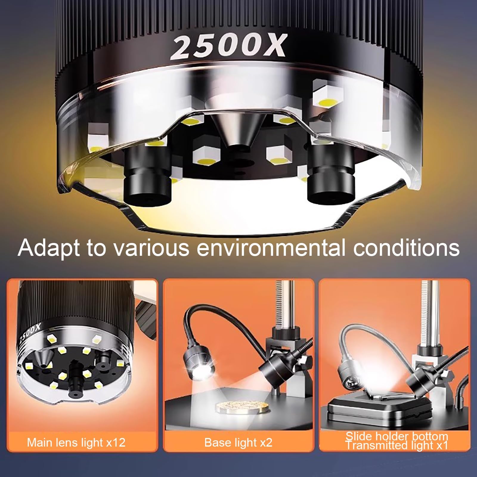 Lupa Monetowa 2500X, Mikroskop Wideo 2400 W Pikseli, Ekran 25 cm, z Oświetleniem, Funkcja Zdjęć i Wideo, 3 Tryby Obiektywu, do Lutowania, Biżuterii, Kontroli Napraw Przemysłowych