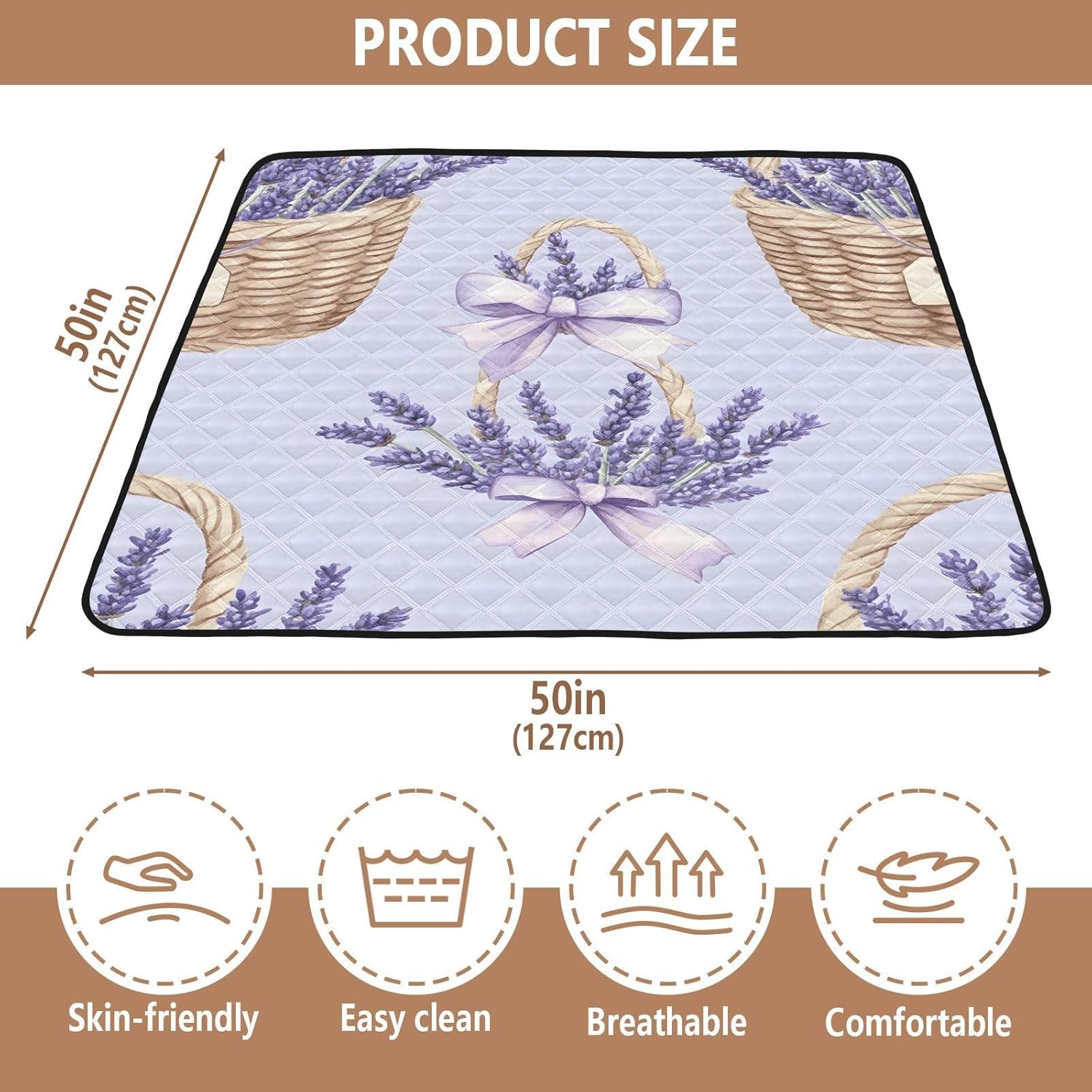 Watercolor Lavender and Bow Pattern Baby Play Mat, 50“ X 50” Washable Folding Crawling Mat, Baby Floor Mat, Soft, Thick, Non-Slip