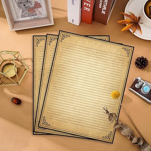 Miniatura 5 de Papel rayado vintage con diseño de borde antiguo, 50 hojas, papel estacionario para escribir cartas, 100 gsm, 11 x 8.5 pulgadas, papelería