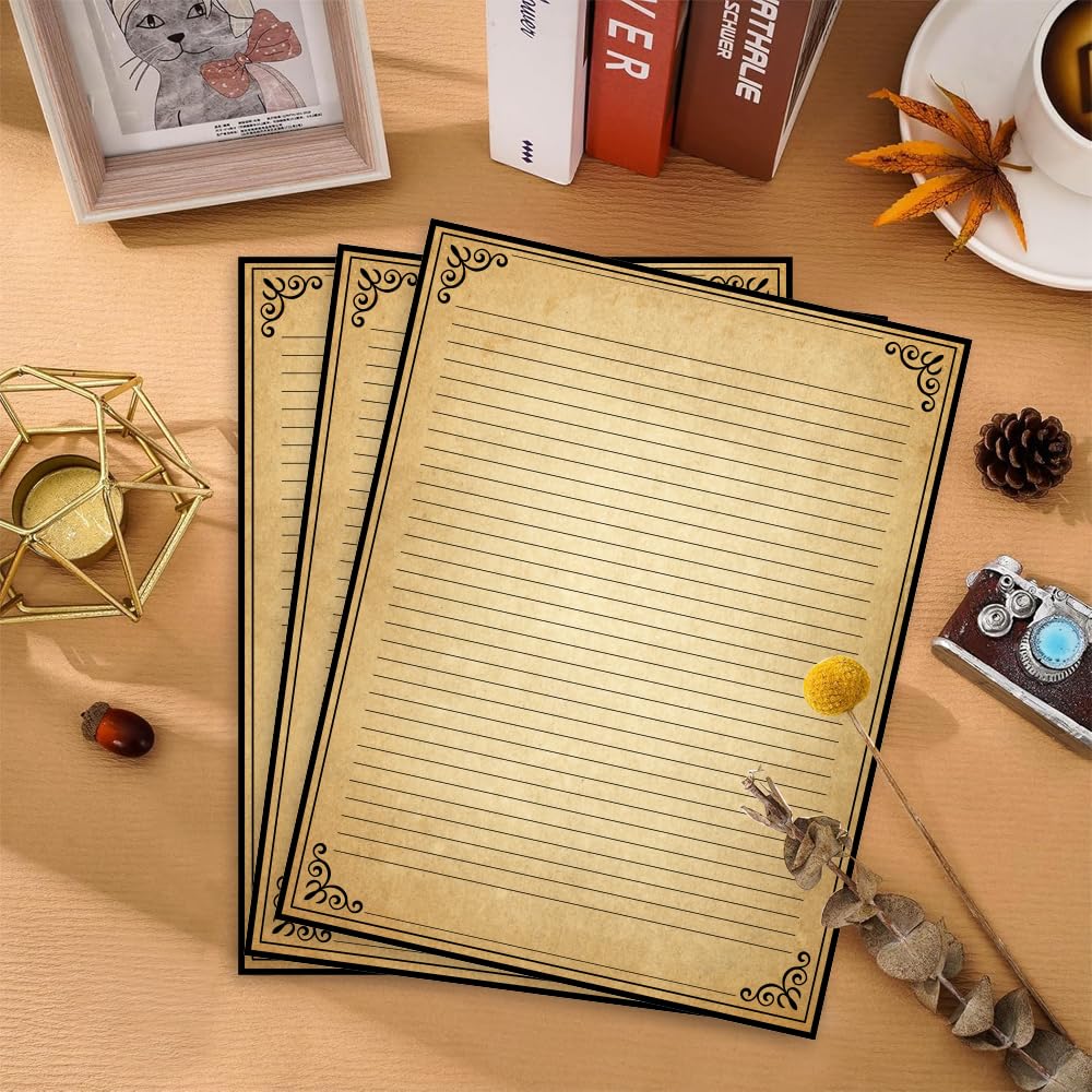 Papel rayado vintage con diseño de borde antiguo, 200 hojas, papel estacionario para escribir cartas, 100 g/m², 11 x 8.5 pulgadas, papelería envejecida para escribir cartas, invitaciones, papeles de