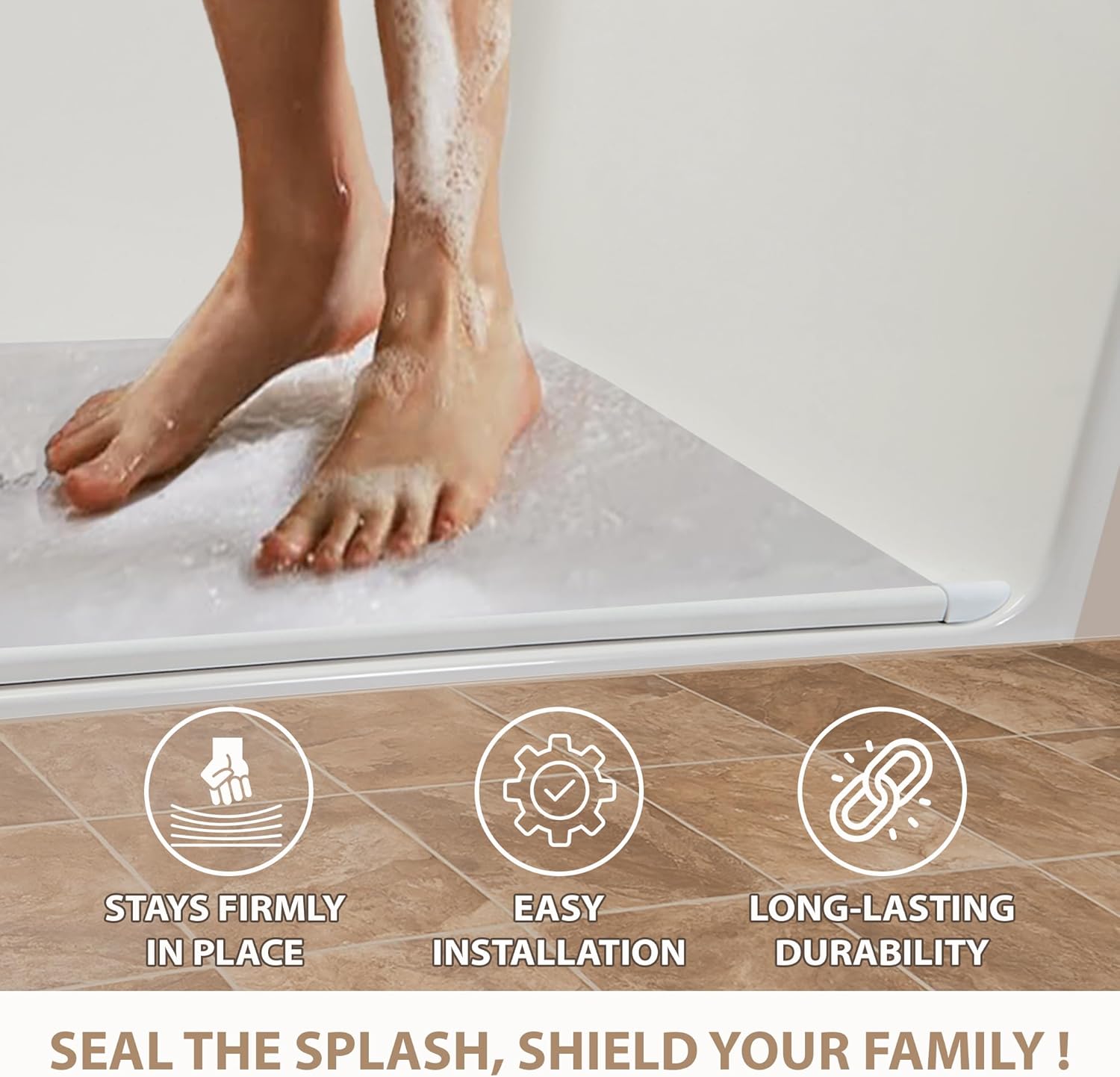 Collapsible Shower Dam - Water Threshold Barrier Stopper for Curb Free Shower/Easy Wheelchair Roll in/Use with Weighted Curtain for Full Splash Guard/White EPDM/Radius End Caps/ 66"